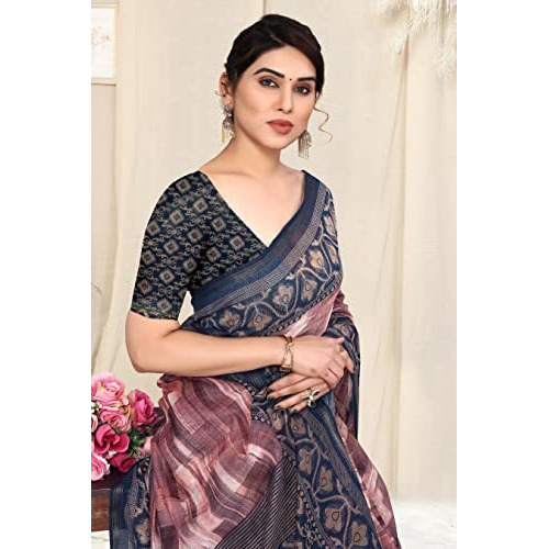 MIRCHI FASHION Womens Plain Weave Cotton Blend Abstract Printed Saree with Blouse Piece (38255-Light Pink, Navy Blue)