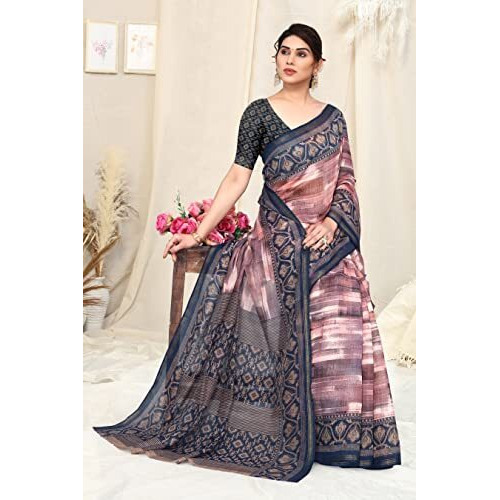 MIRCHI FASHION Womens Plain Weave Cotton Blend Abstract Printed Saree with Blouse Piece (38255-Light Pink, Navy Blue)