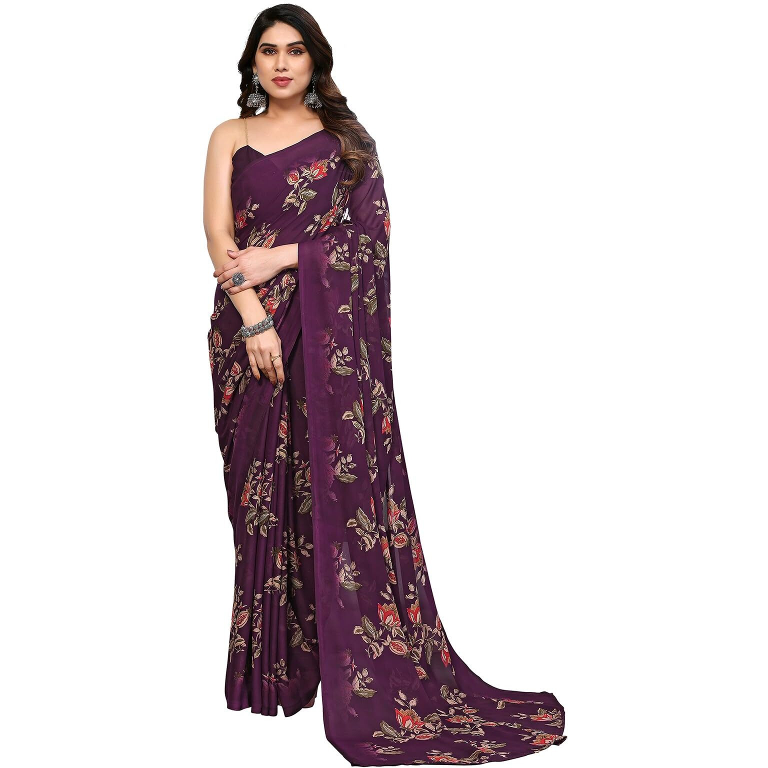SIRIL Womens Floral Printed Georgette Saree with Unstitched Blouse Piece (3289S111_Wine)
