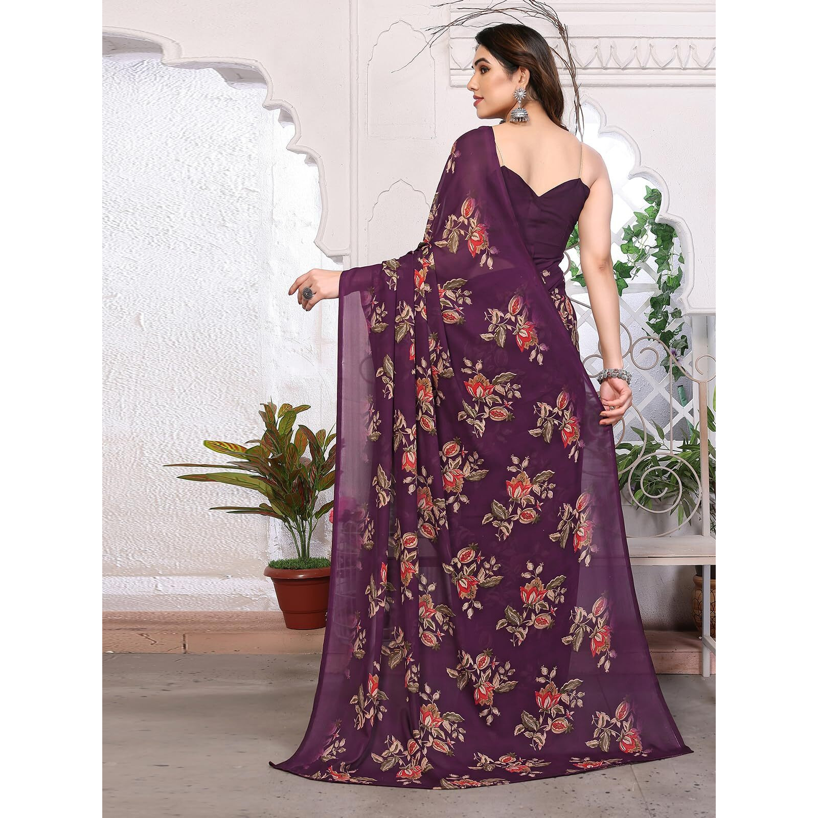 SIRIL Womens Floral Printed Georgette Saree with Unstitched Blouse Piece (3289S111_Wine)