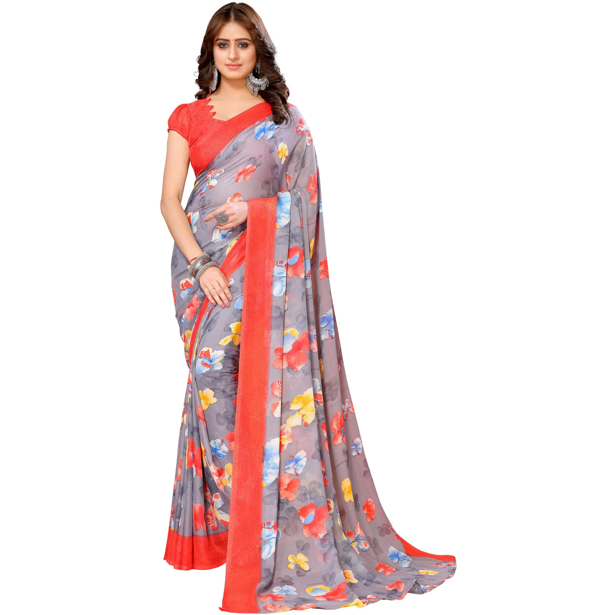 Yashika Womens Trendy Georgette Red Color Saree with Blouse Material(AMINA RED)