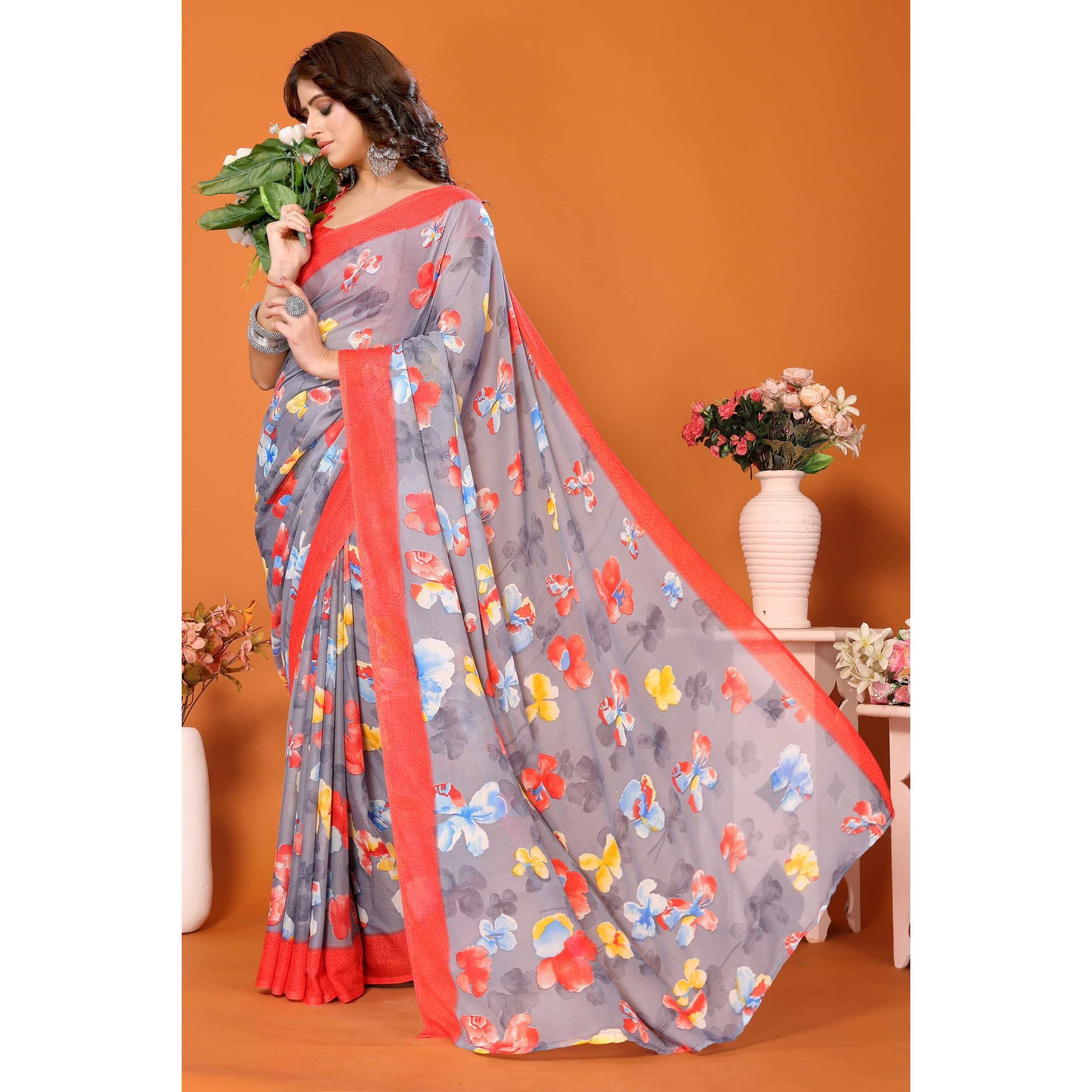 Yashika Womens Trendy Georgette Red Color Saree with Blouse Material(AMINA RED)