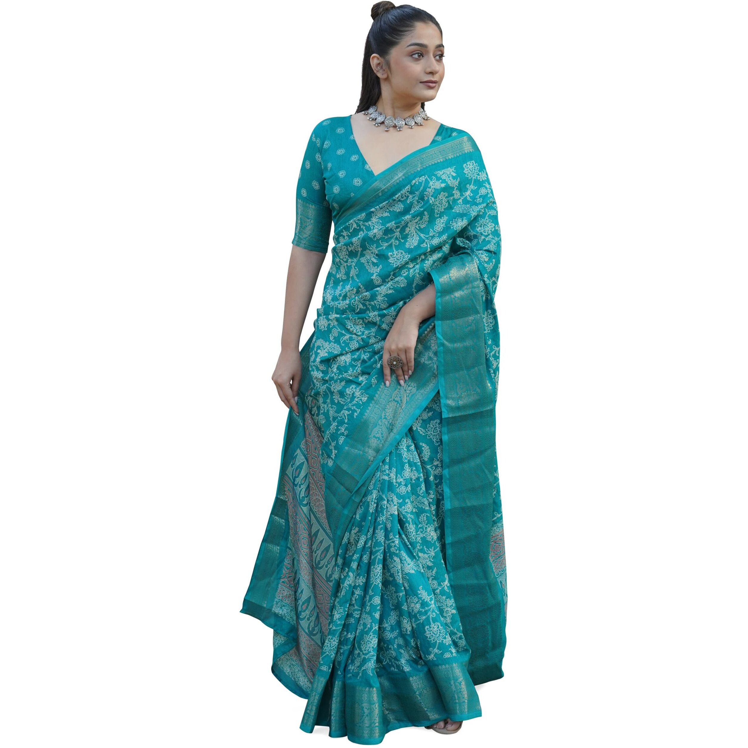 MIRCHI FASHION Womens Silk Blend Kalamkari Printed Saree with Blouse Piece (42263-Teal, Off White)