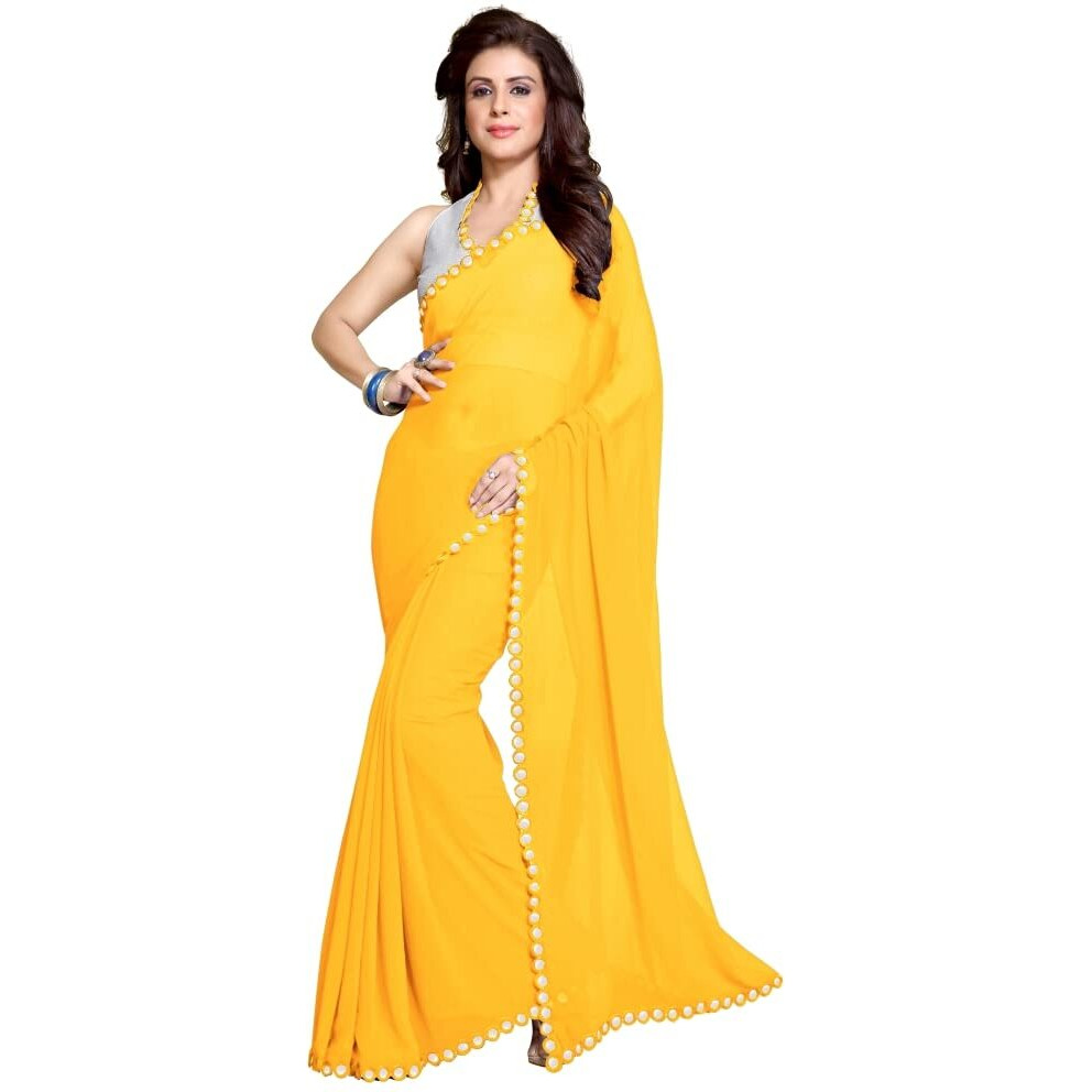 MIRCHI FASHION Womens Plain Weave Georgette Mirror Lace Work Saree with Blouse Piece (M8432-Yellow)