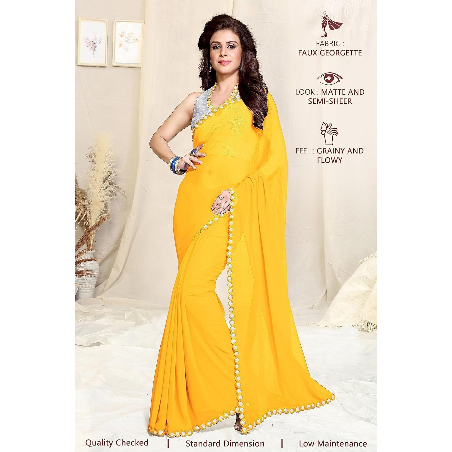 MIRCHI FASHION Womens Plain Weave Georgette Mirror Lace Work Saree with Blouse Piece (M8432-Yellow)