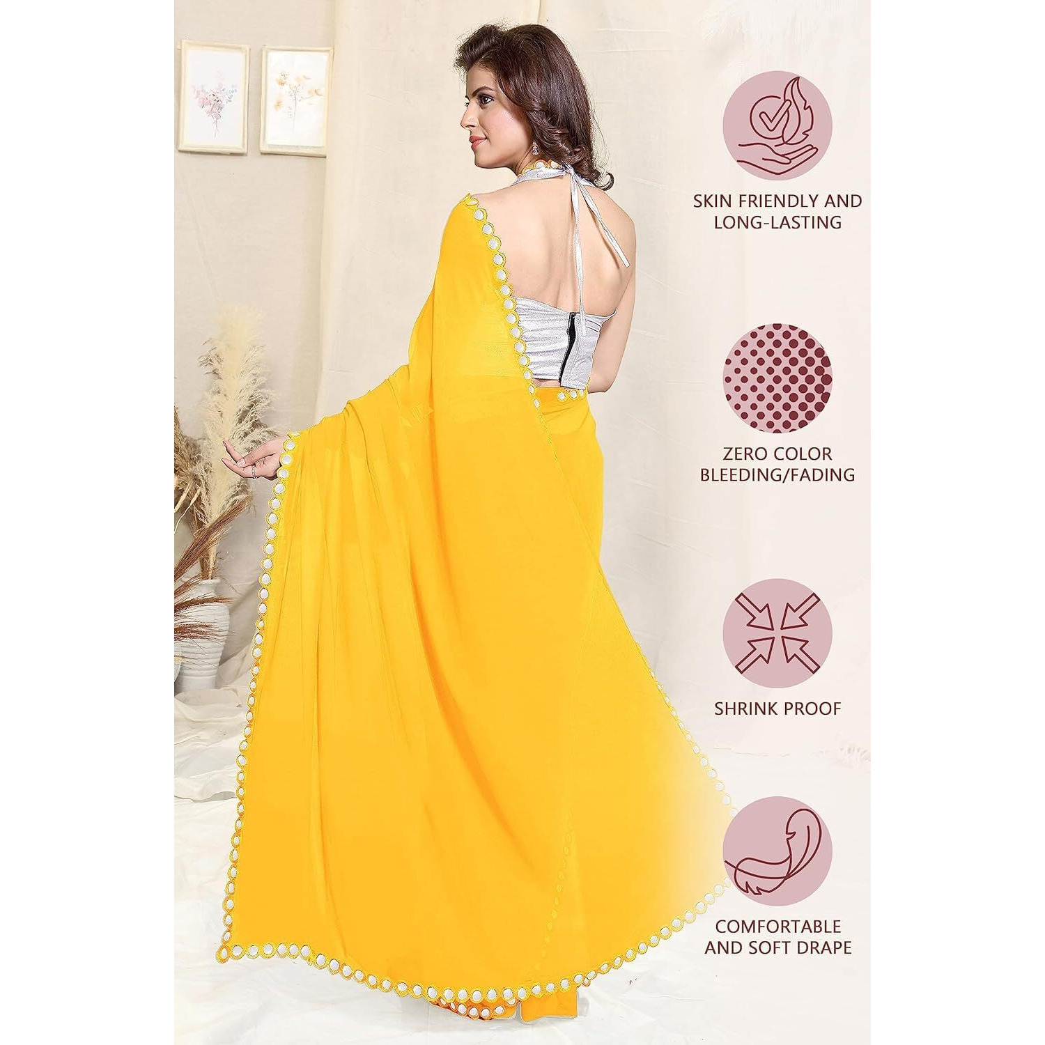 MIRCHI FASHION Womens Plain Weave Georgette Mirror Lace Work Saree with Blouse Piece (M8432-Yellow)