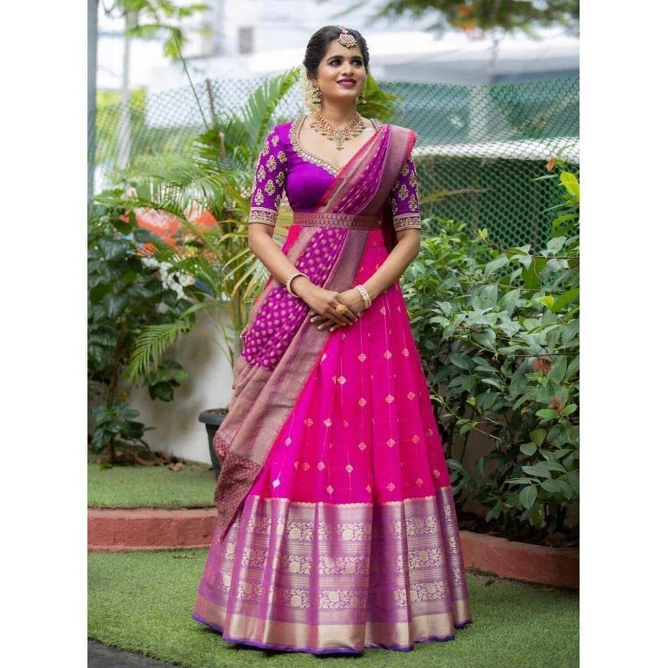 WILLFE Kanjivaram Pure Zari Soft Silk Traditional Lehenga Saree, Unstitched Lehenga Choli, Half Saree (PINK).