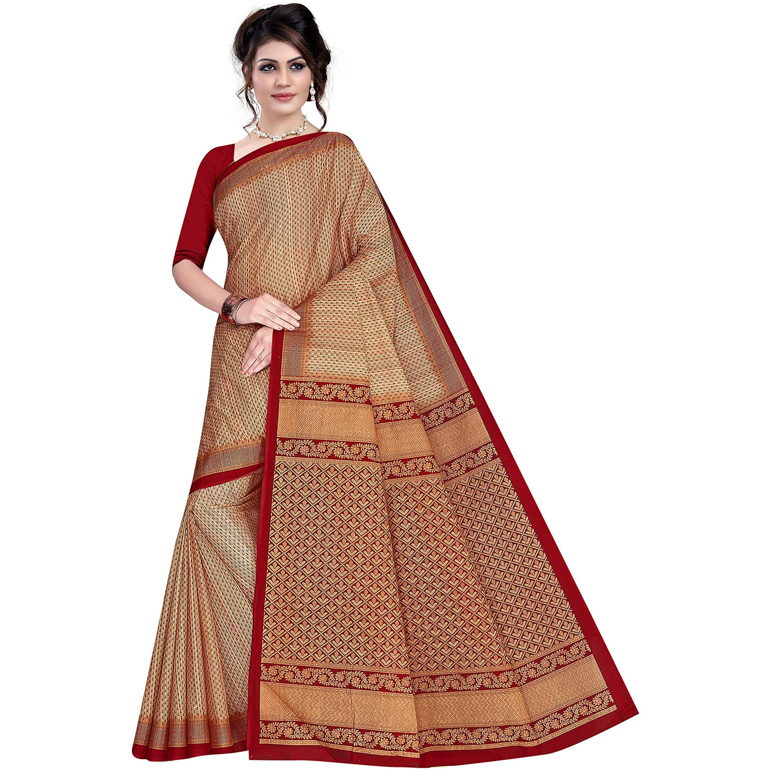 TAMAIRA FASHION Womens Plain Weave Pure Cotton Saree Without Blouse Piece (1784_BeigeandMaroon)