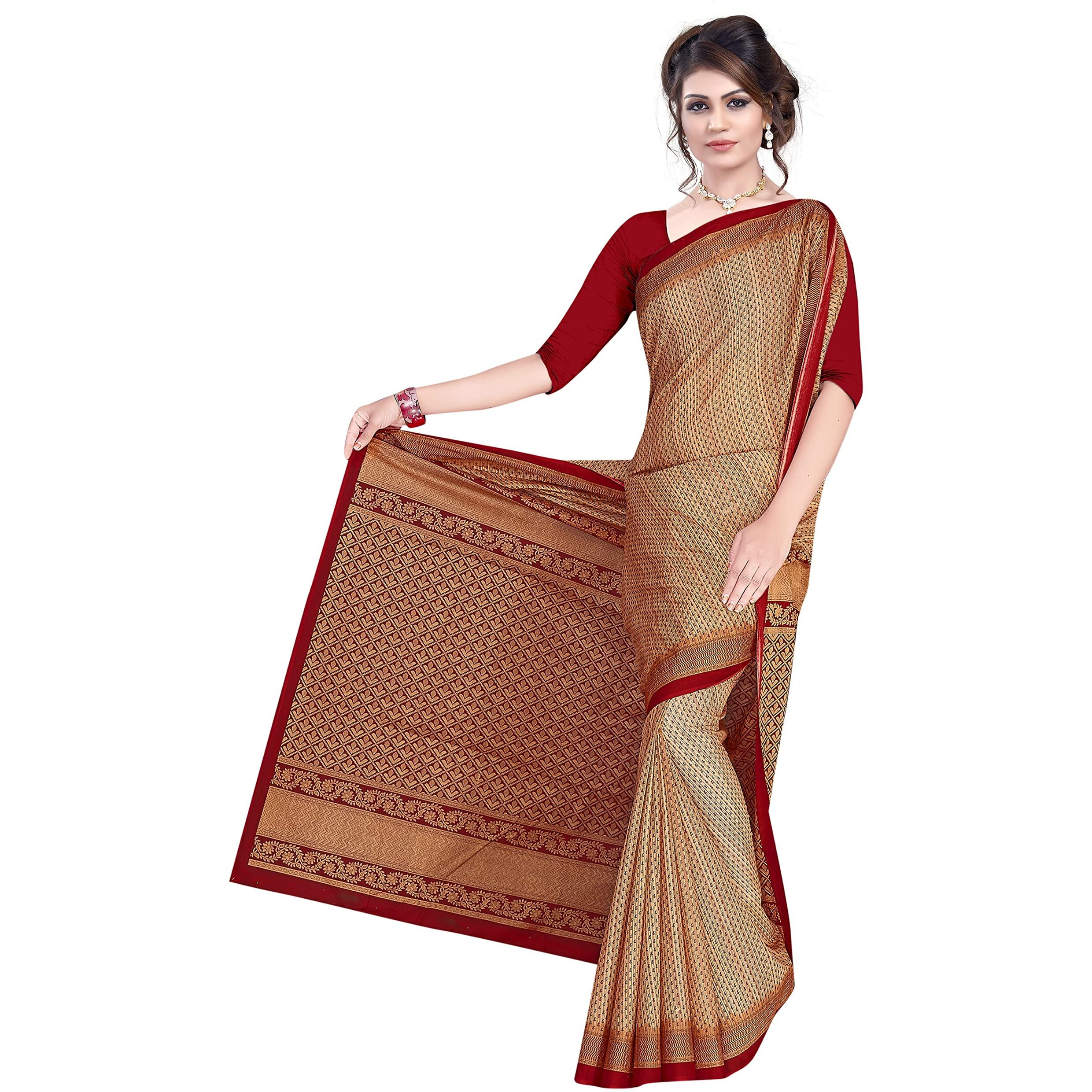 TAMAIRA FASHION Womens Plain Weave Pure Cotton Saree Without Blouse Piece (1784_BeigeandMaroon)