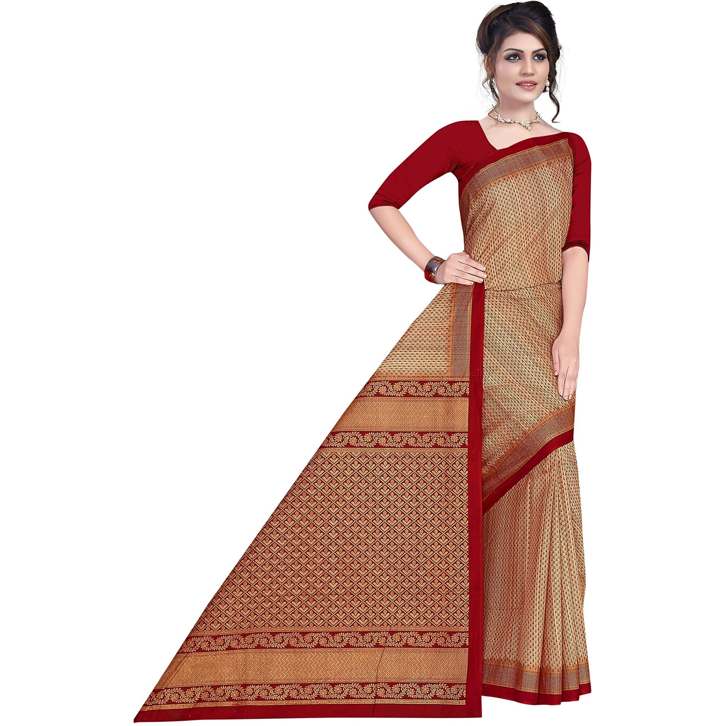 TAMAIRA FASHION Womens Plain Weave Pure Cotton Saree Without Blouse Piece (1784_BeigeandMaroon)