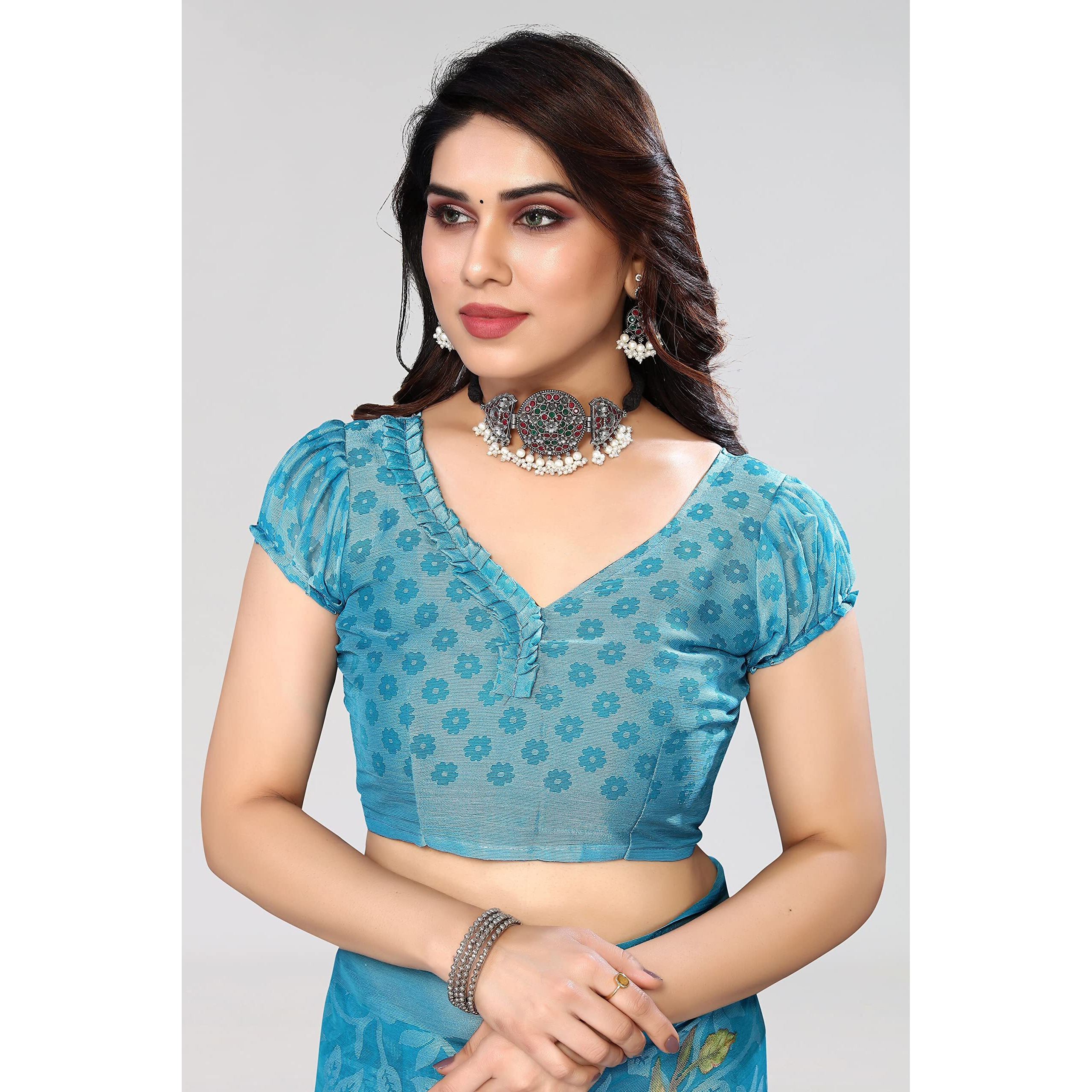 Bee M Pee Designer Chiffon Brasso (Printed Saree for Women_Sky Blue)