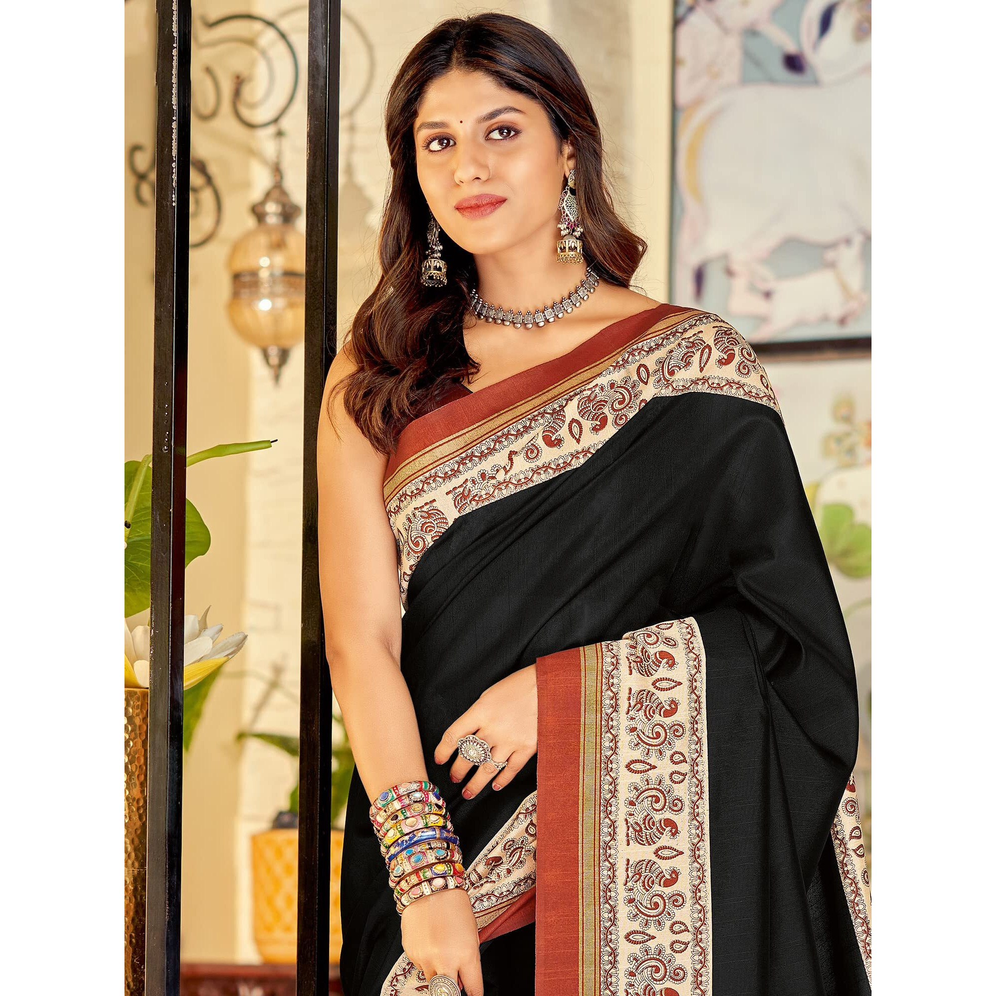 AKHILAM Womens Tussar Bhagalpuri Silk Printed Saree With Unstitched Blouse Piece (Black_22WOM22905_HS)