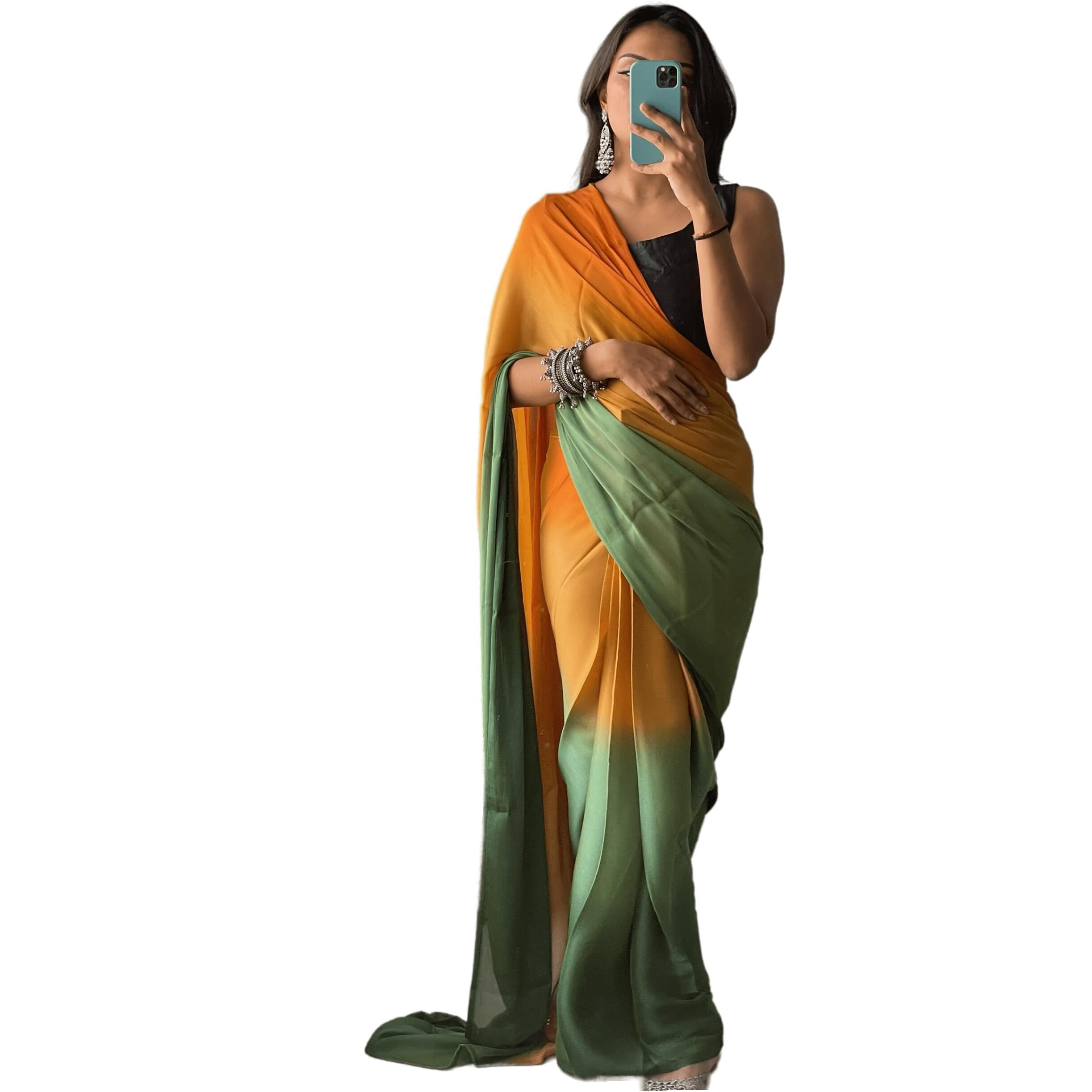 Sidhidata Womens Soft Chiffon Ready To Wear one Minute Saree With Unstitched Blouse Piece(Pallavi Green-Orange_Green-Orange_Free Size)