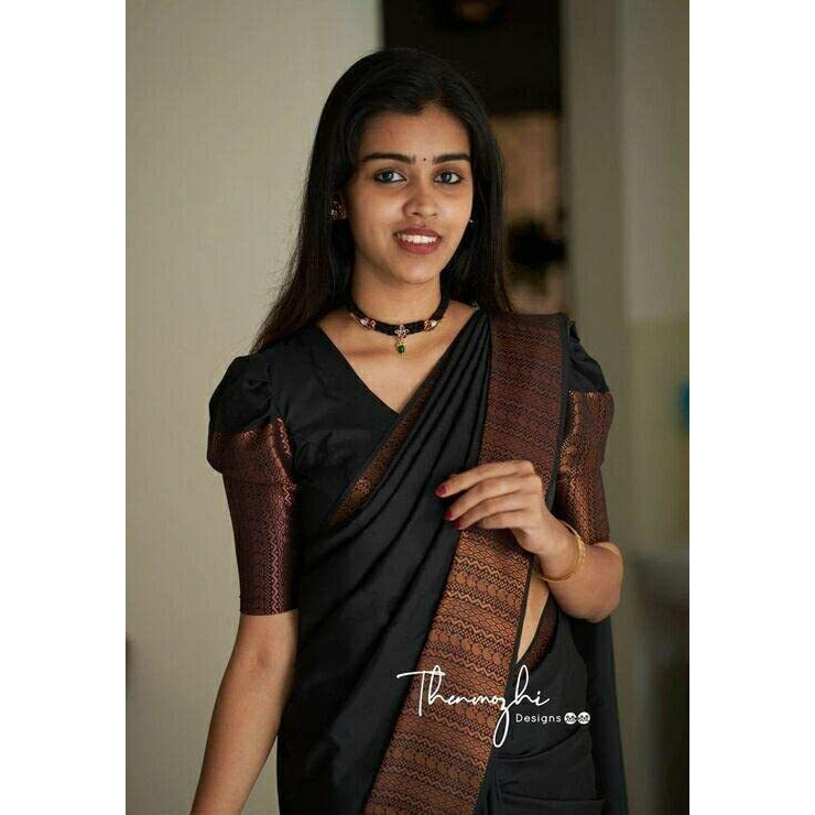Flosive Womens Present Banarasi Soft Lichi Silk Saree Beautiful Jacquard Rich Pallu Design Work Zari Woven Kanjivaram Silk Style Saree Induja Copper With Soft Lichi Silk Blouse Piece (Black)