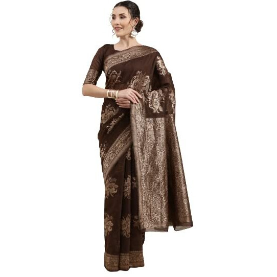 AKHILAM Womens Linen Banarasi Woven Design Saree with Unstitched Blouse Piece (Brown_LNJCQ09F)