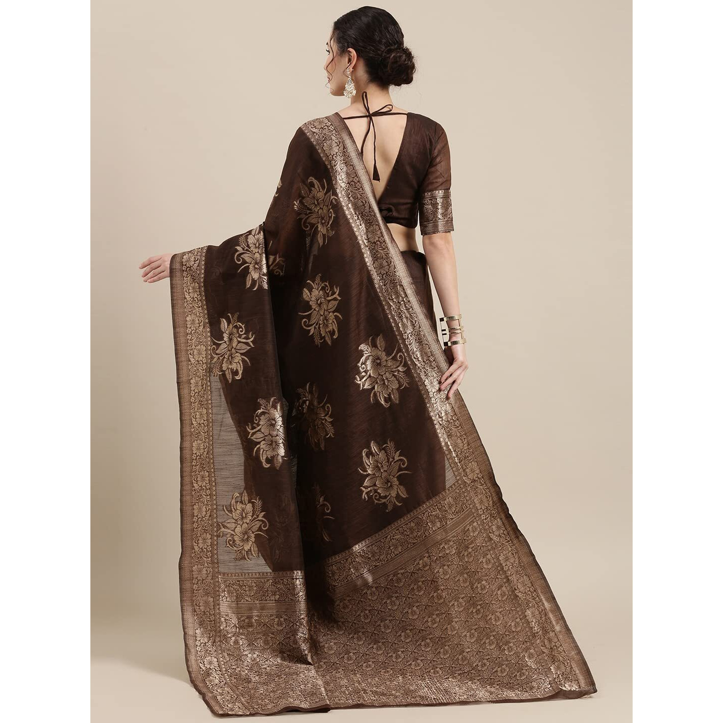 AKHILAM Womens Linen Banarasi Woven Design Saree with Unstitched Blouse Piece (Brown_LNJCQ09F)