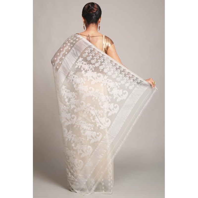 BENGAL HANDLOOM Womens Cotton Silk Dhakai Bbd1 Soft Jamdani Sarees, White