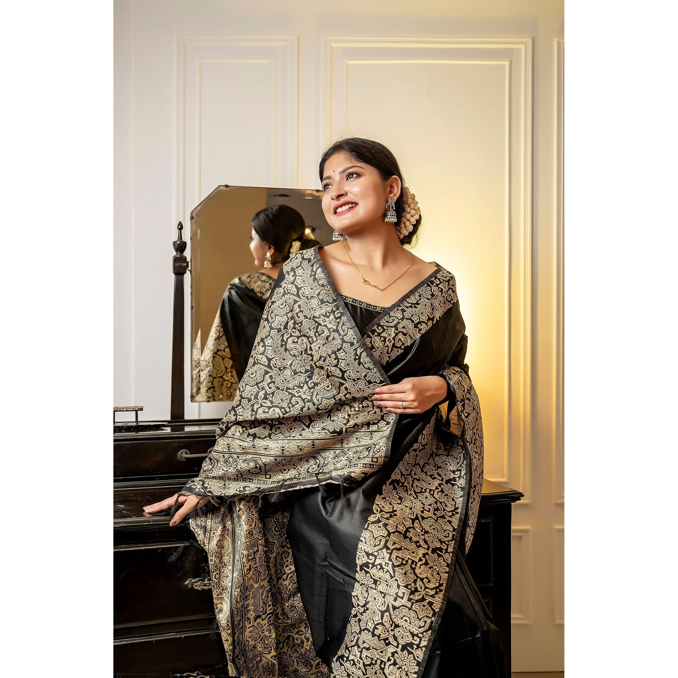 NK Textiles Womens PlainSolid with Kalamkari Woven Border Raw Silk Saree with Tassels (13 COLORS), Black