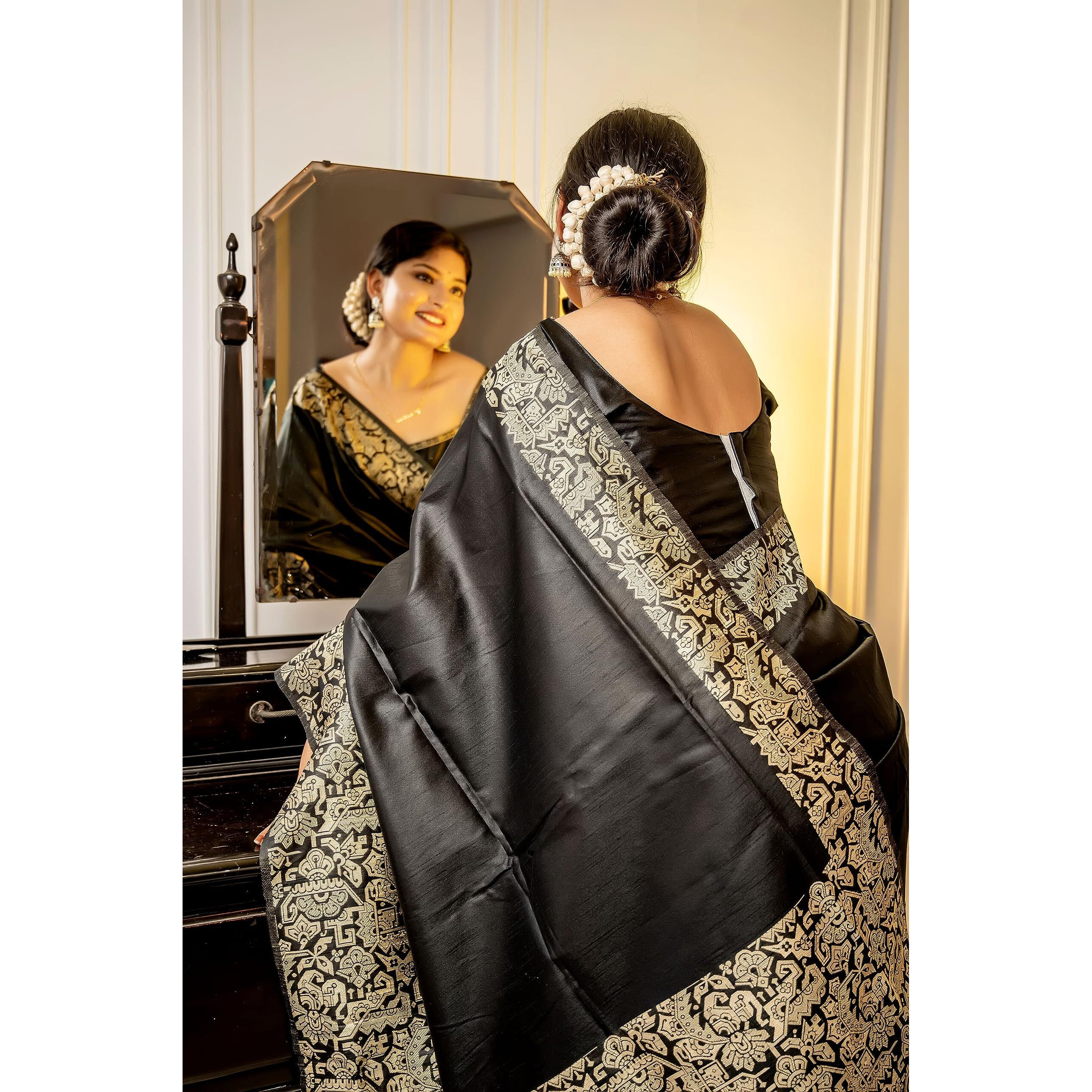 NK Textiles Womens PlainSolid with Kalamkari Woven Border Raw Silk Saree with Tassels (13 COLORS), Black