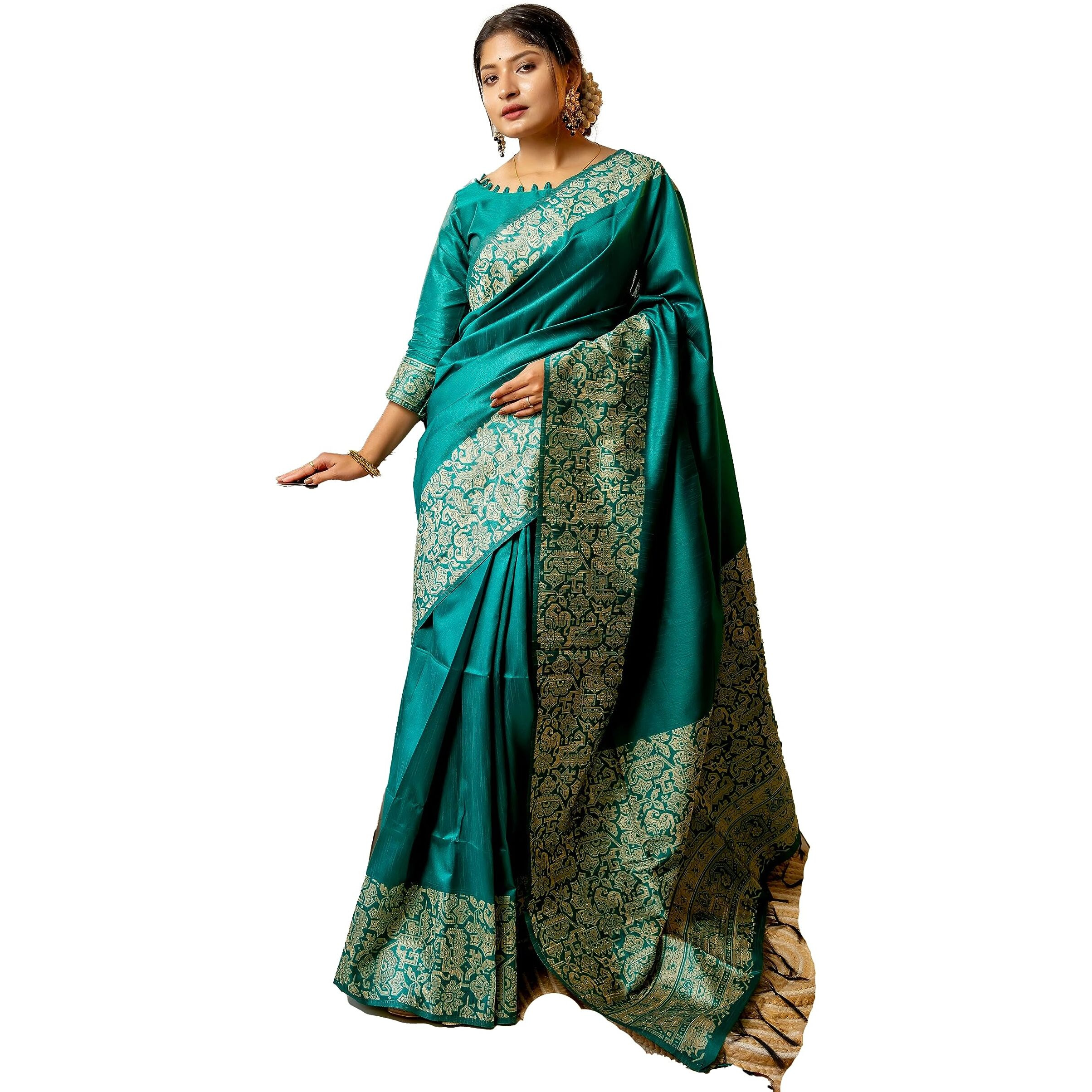 NK Textiles Womens PlainSolid with Kalamkari Woven Border Raw Silk Saree with Tassels (13 COLORS), Teal Green