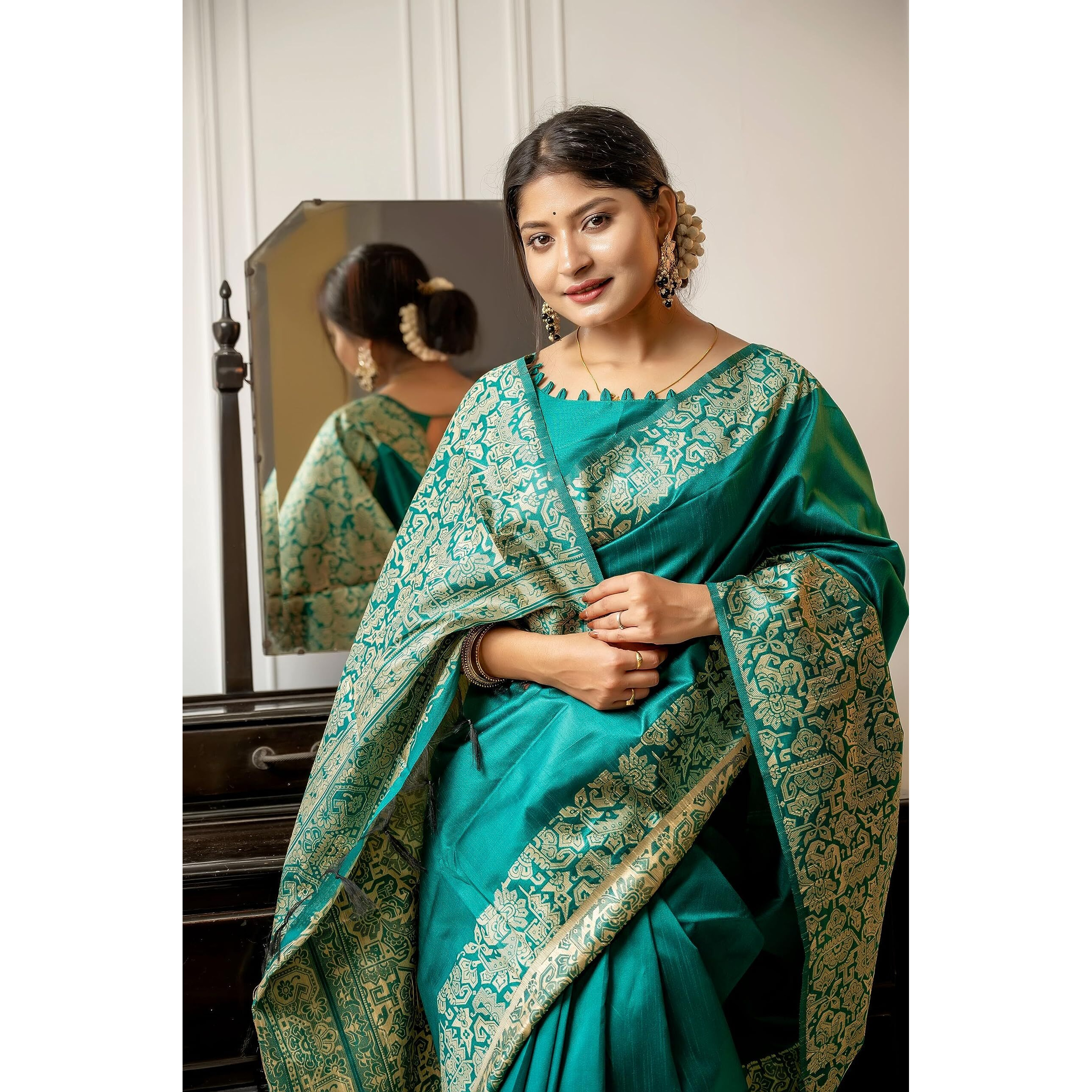 NK Textiles Womens PlainSolid with Kalamkari Woven Border Raw Silk Saree with Tassels (13 COLORS), Teal Green