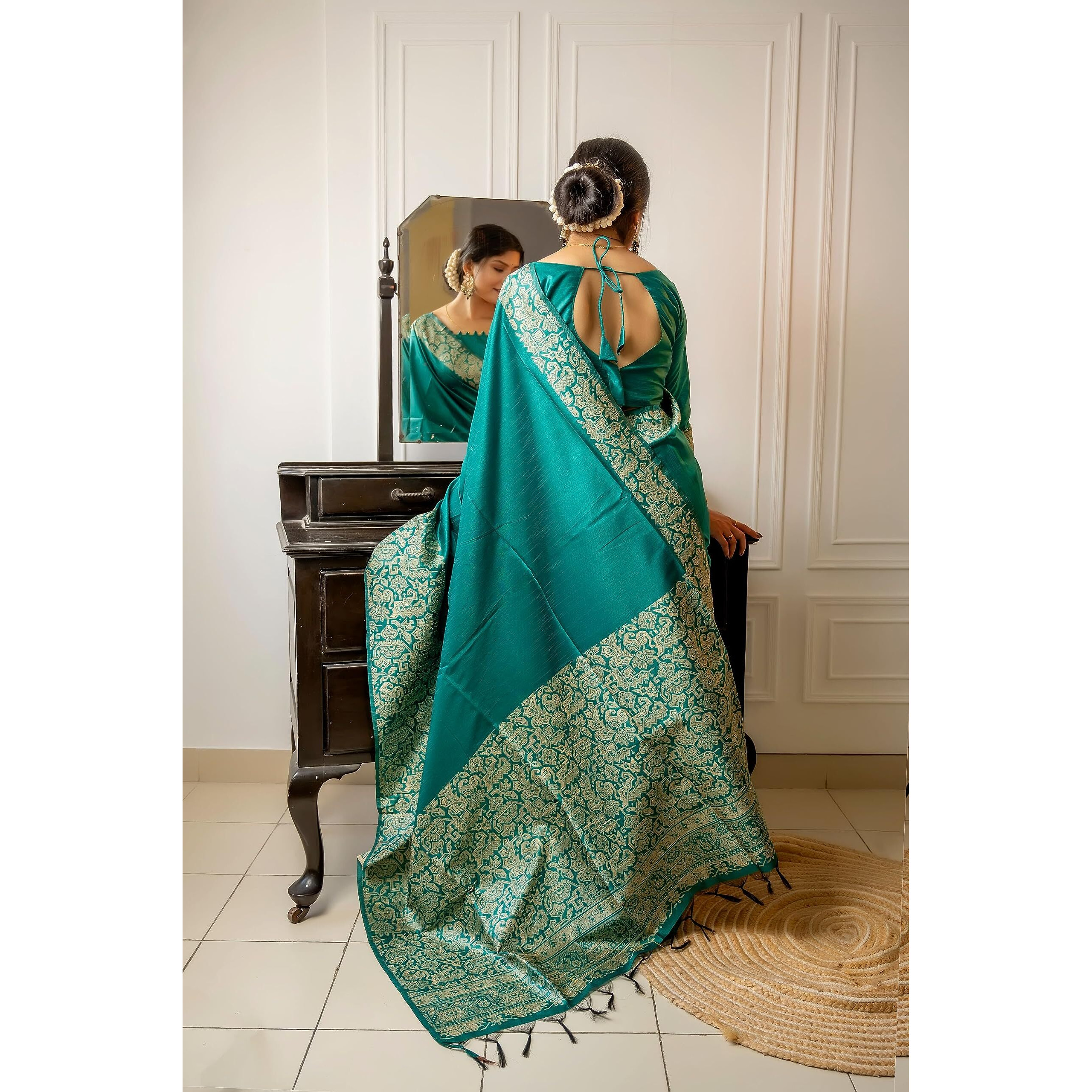 NK Textiles Womens PlainSolid with Kalamkari Woven Border Raw Silk Saree with Tassels (13 COLORS), Teal Green