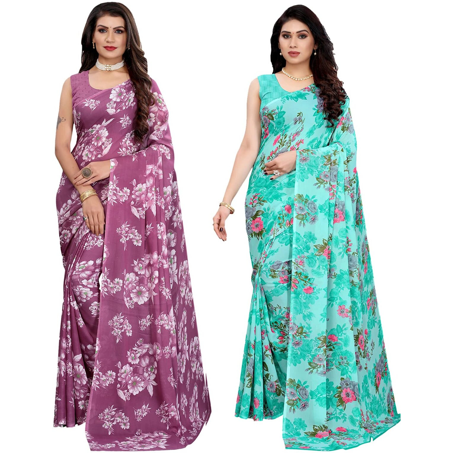 Satrani Womens Polyester Saree (2024ST566_2041ST576_Purple||Light Blue)