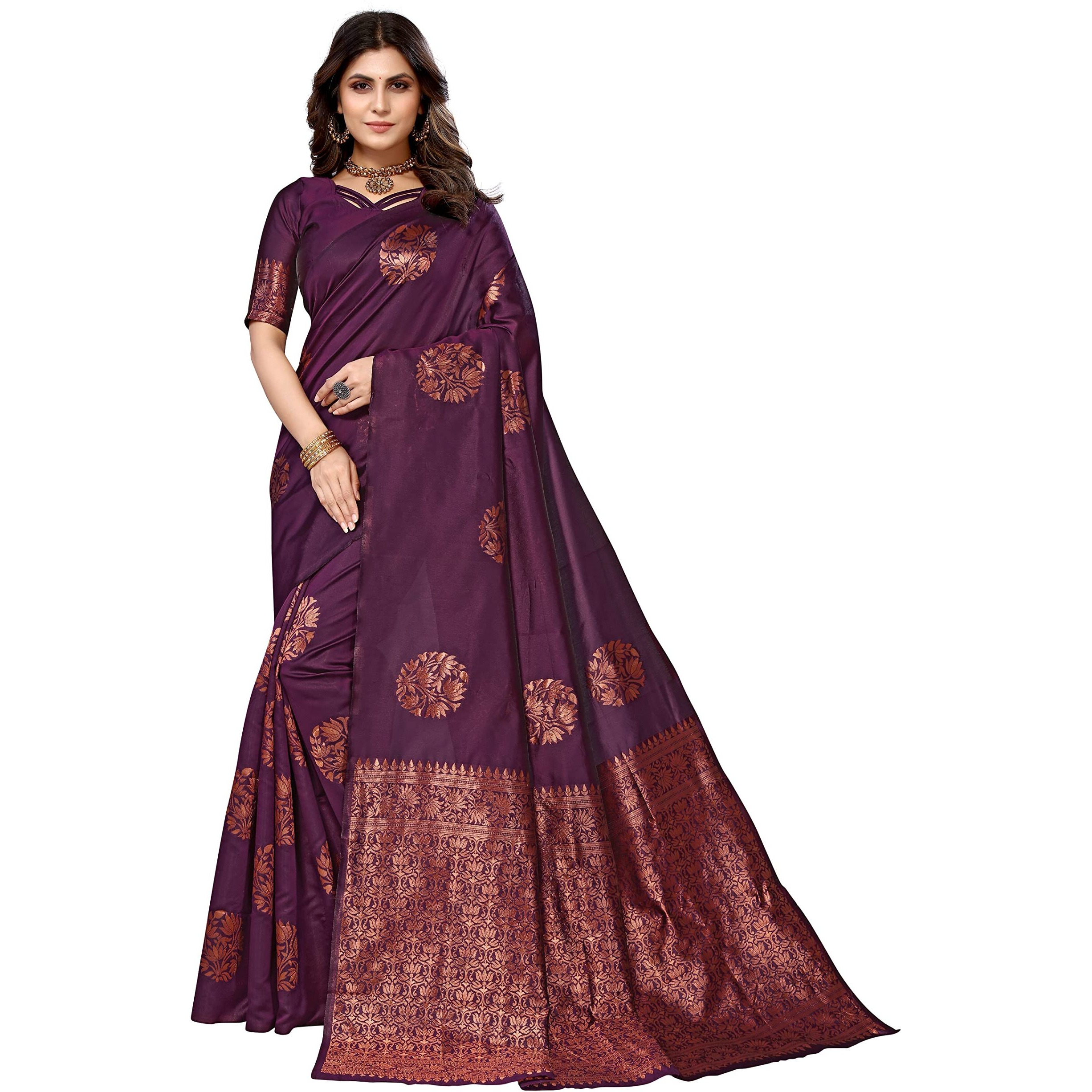 Yashika Womens Banarsi Relaxed Fit Silk Standard Length Saree (New Mudra Purple