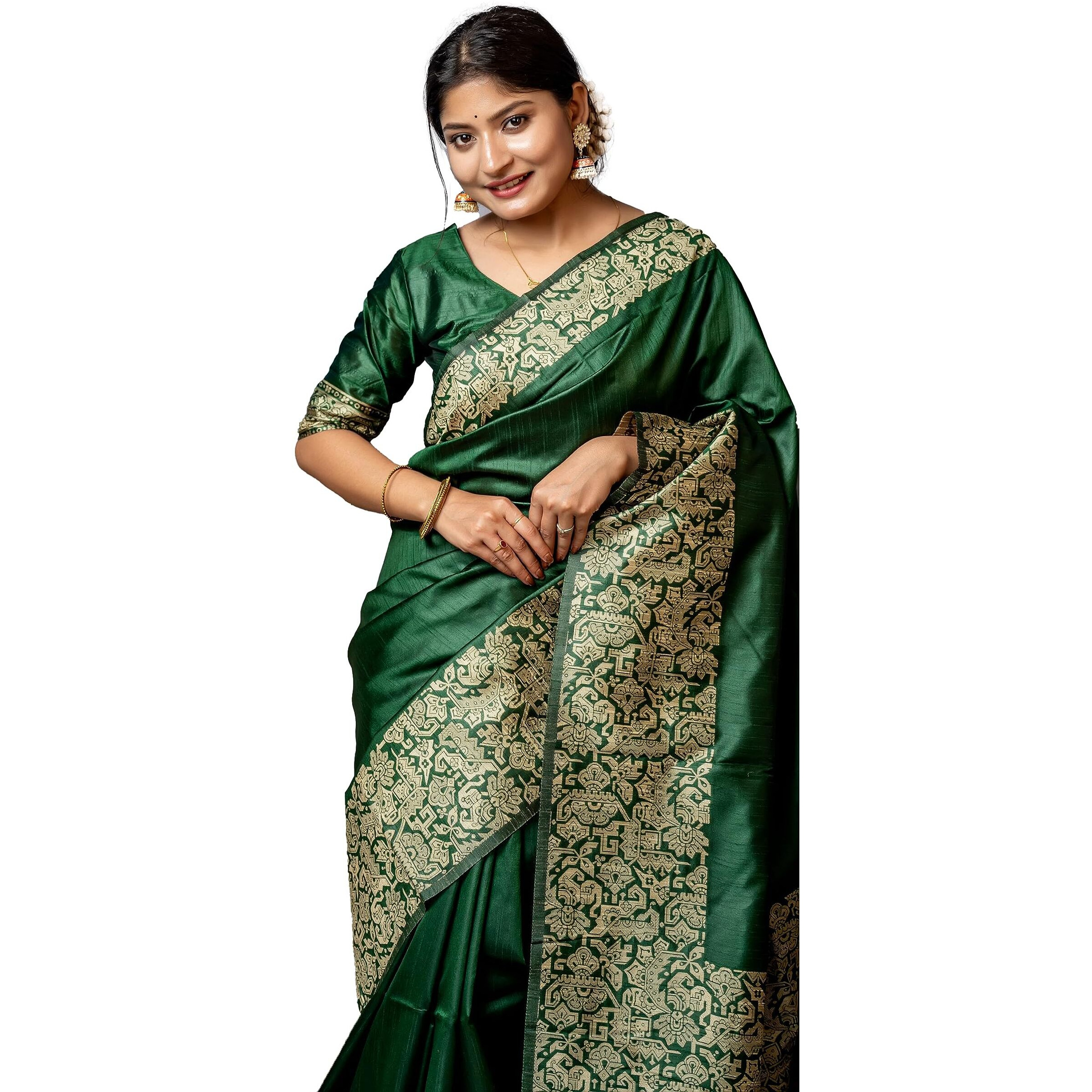 NK Textiles Womens PlainSolid with Kalamkari Woven Border Raw Silk Saree with Tassels (13 COLORS), Green