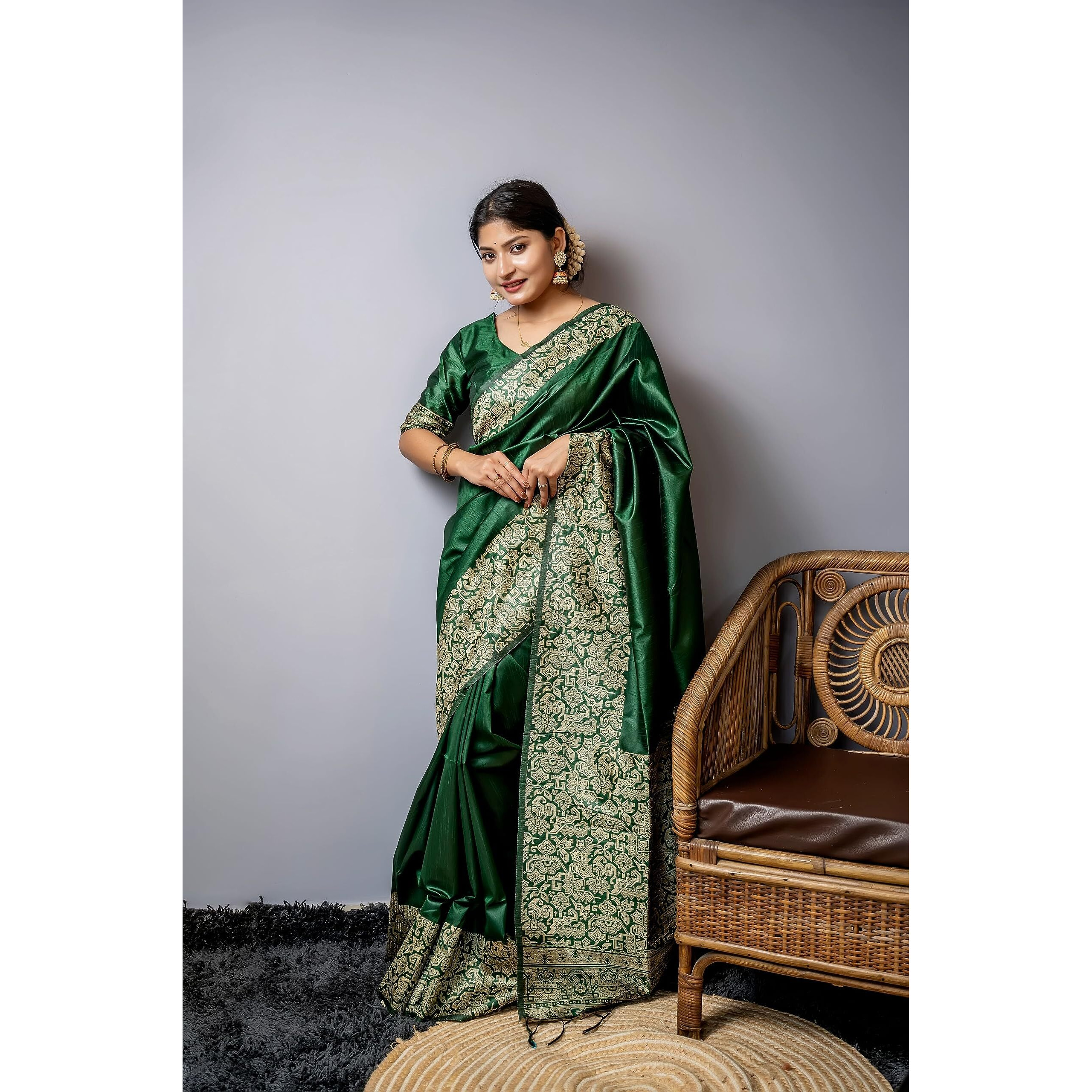 NK Textiles Womens PlainSolid with Kalamkari Woven Border Raw Silk Saree with Tassels (13 COLORS), Green