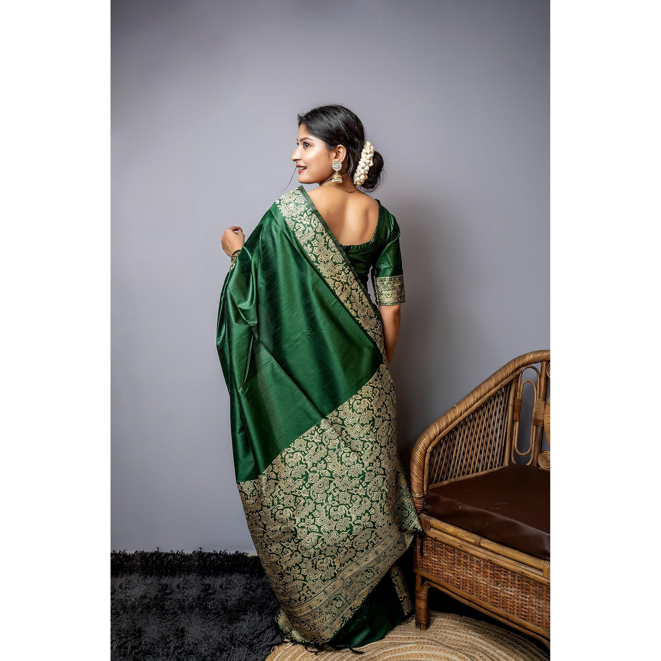 NK Textiles Womens PlainSolid with Kalamkari Woven Border Raw Silk Saree with Tassels (13 COLORS), Green