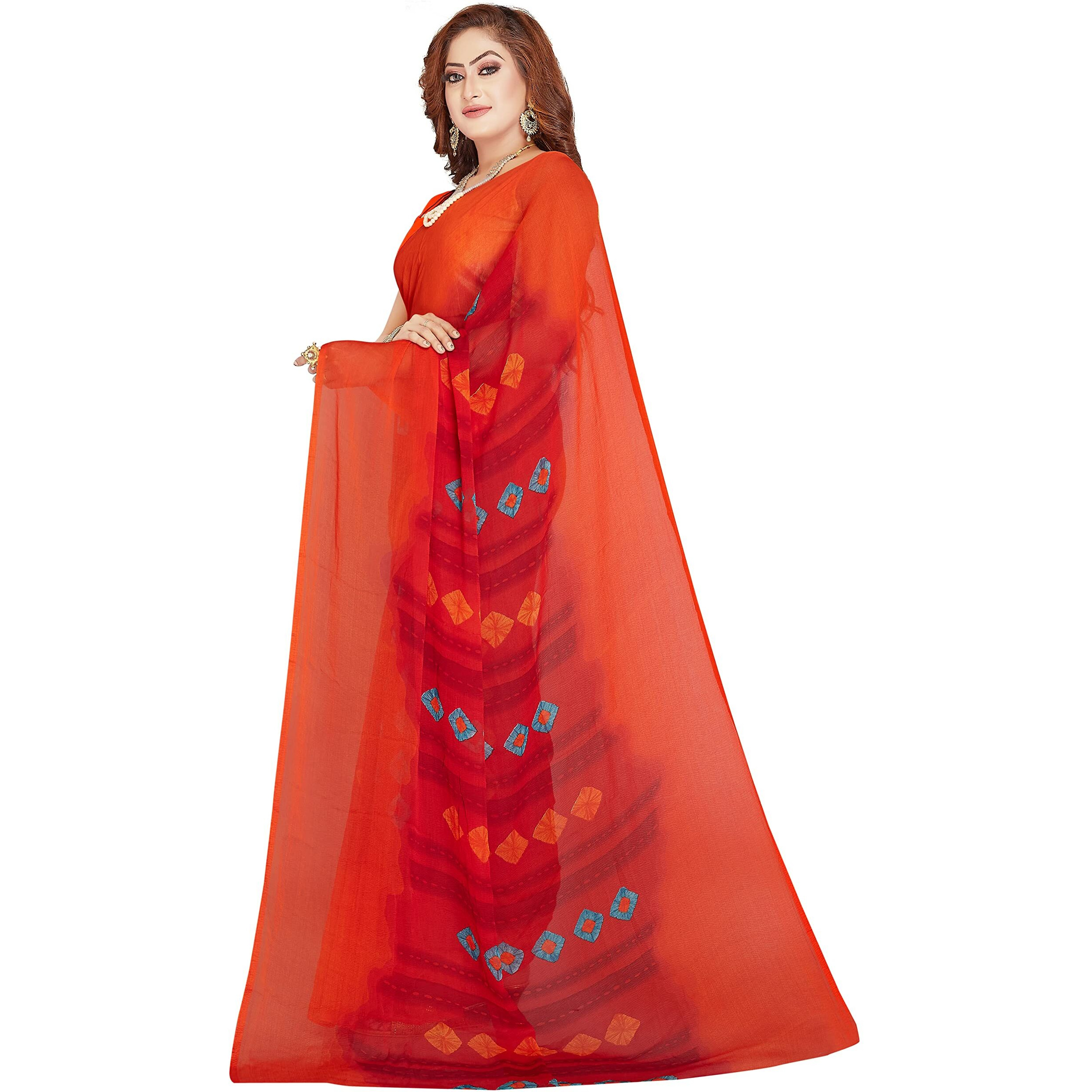 RANI SAAHIBA Womens Printed Chiffon Saree Without Blouse Piece (SKR9350_Red-Orange)