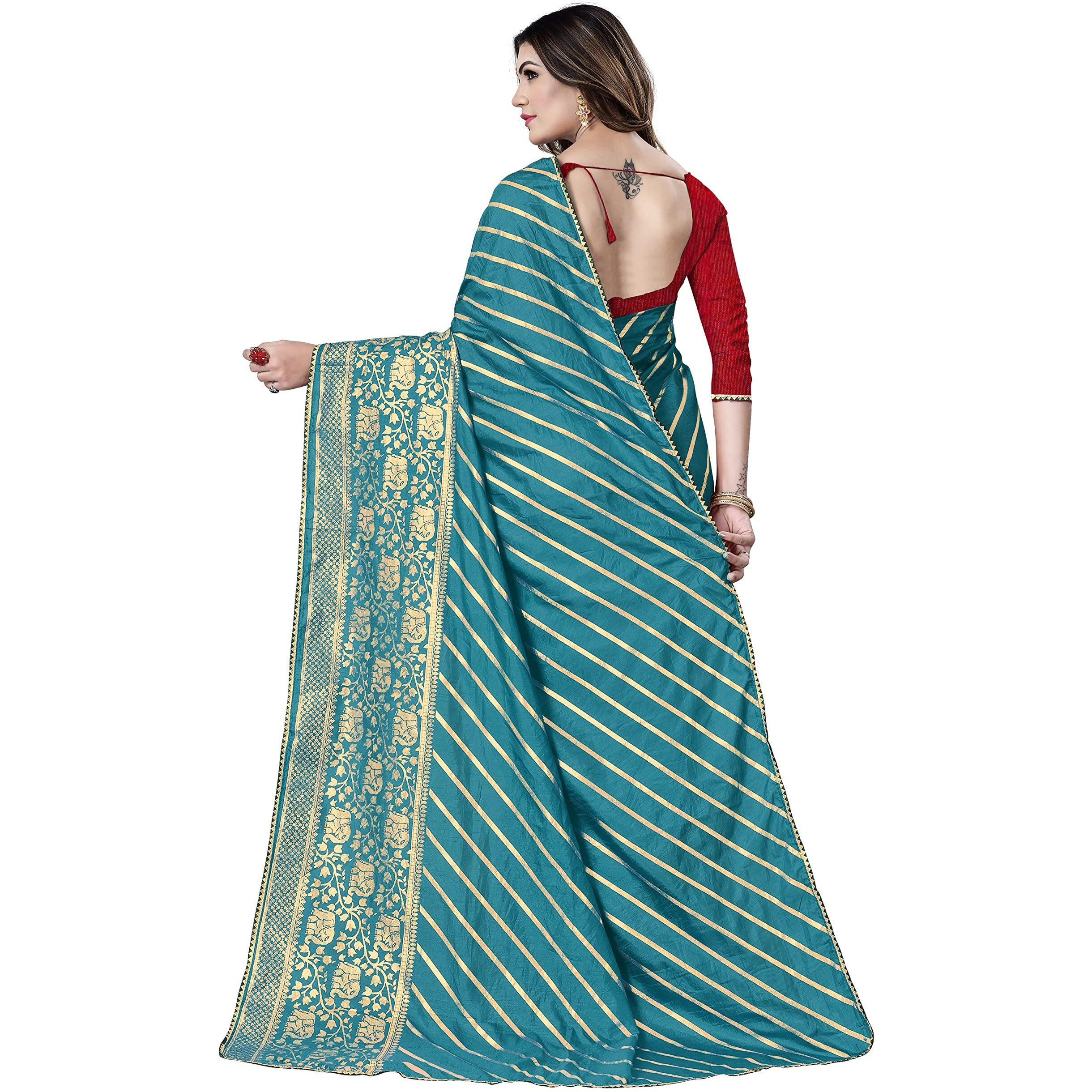 Sidhidata Textile Womens Dola Silk Gota Patti Work Lace Foil Printed Saree With Unstitched Blouse Piece (A Rama)