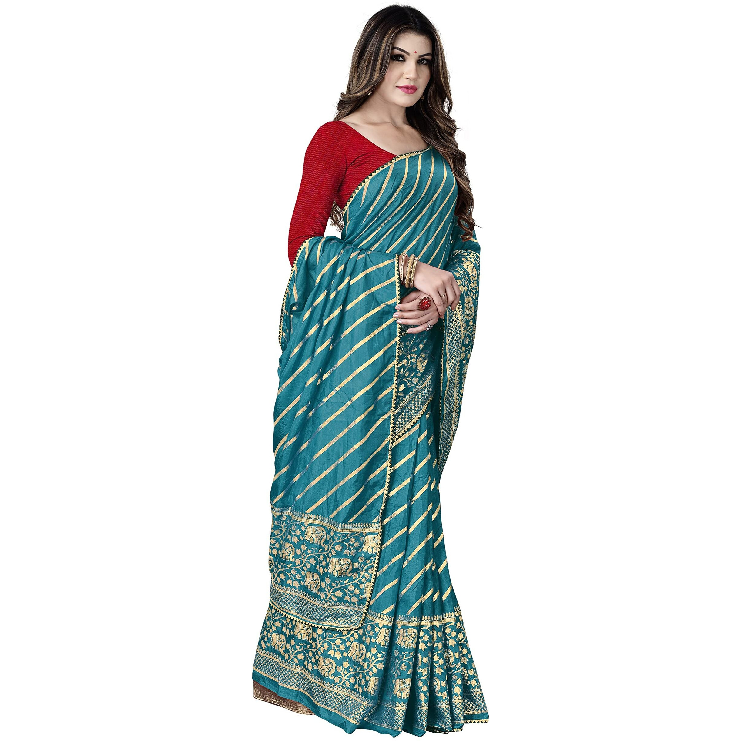 Sidhidata Textile Womens Dola Silk Gota Patti Work Lace Foil Printed Saree With Unstitched Blouse Piece (A Rama)