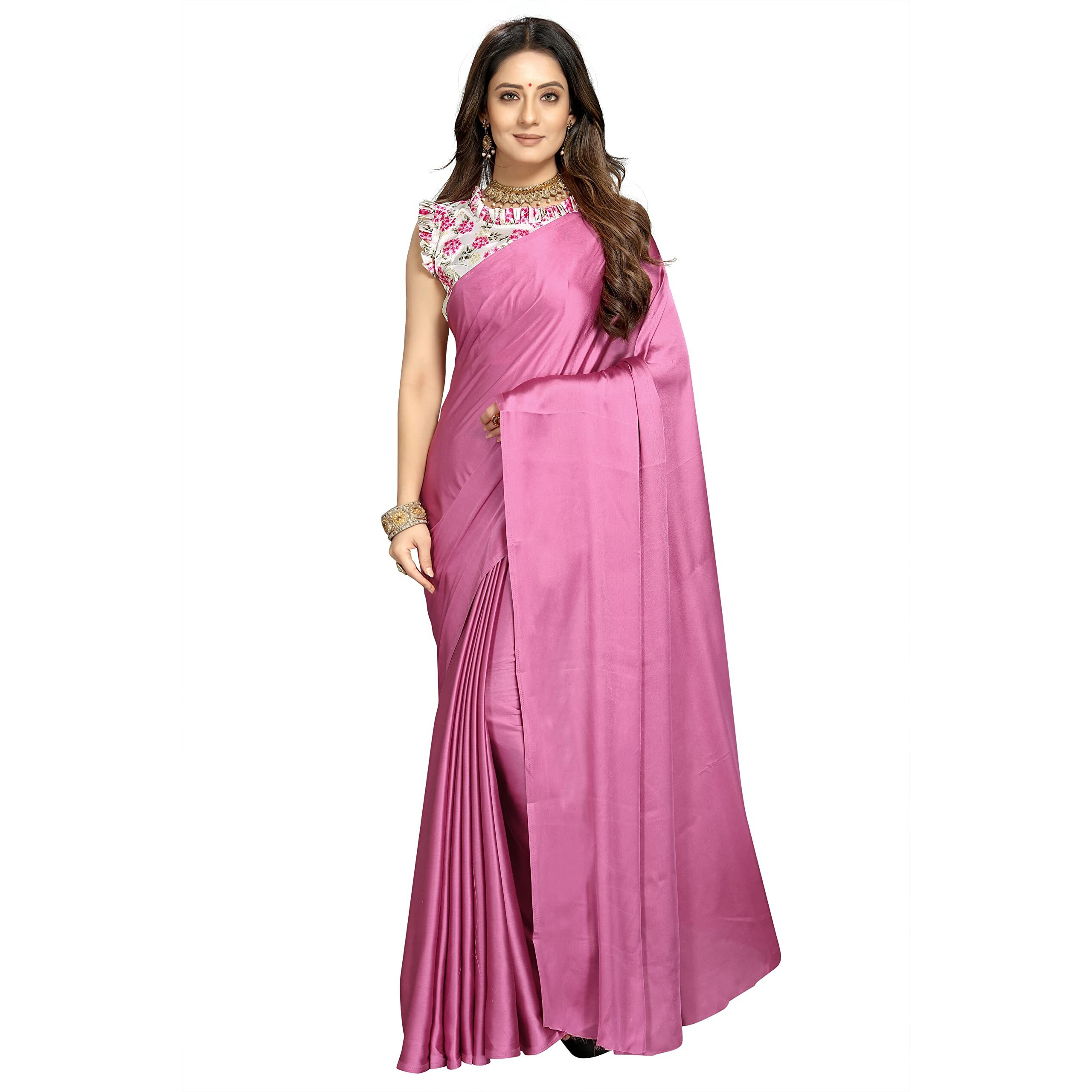 Kaugalian store Plain Satin Silk Saree with Printed Blouse piece for girls and women. (Blue) (MAGENTA)