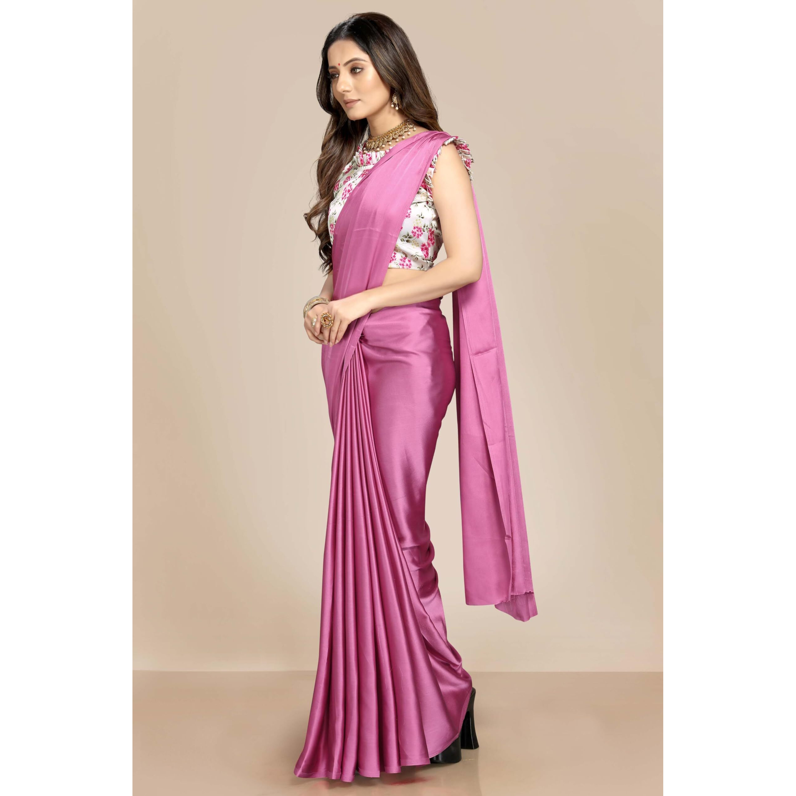Kaugalian store Plain Satin Silk Saree with Printed Blouse piece for girls and women. (Blue) (MAGENTA)