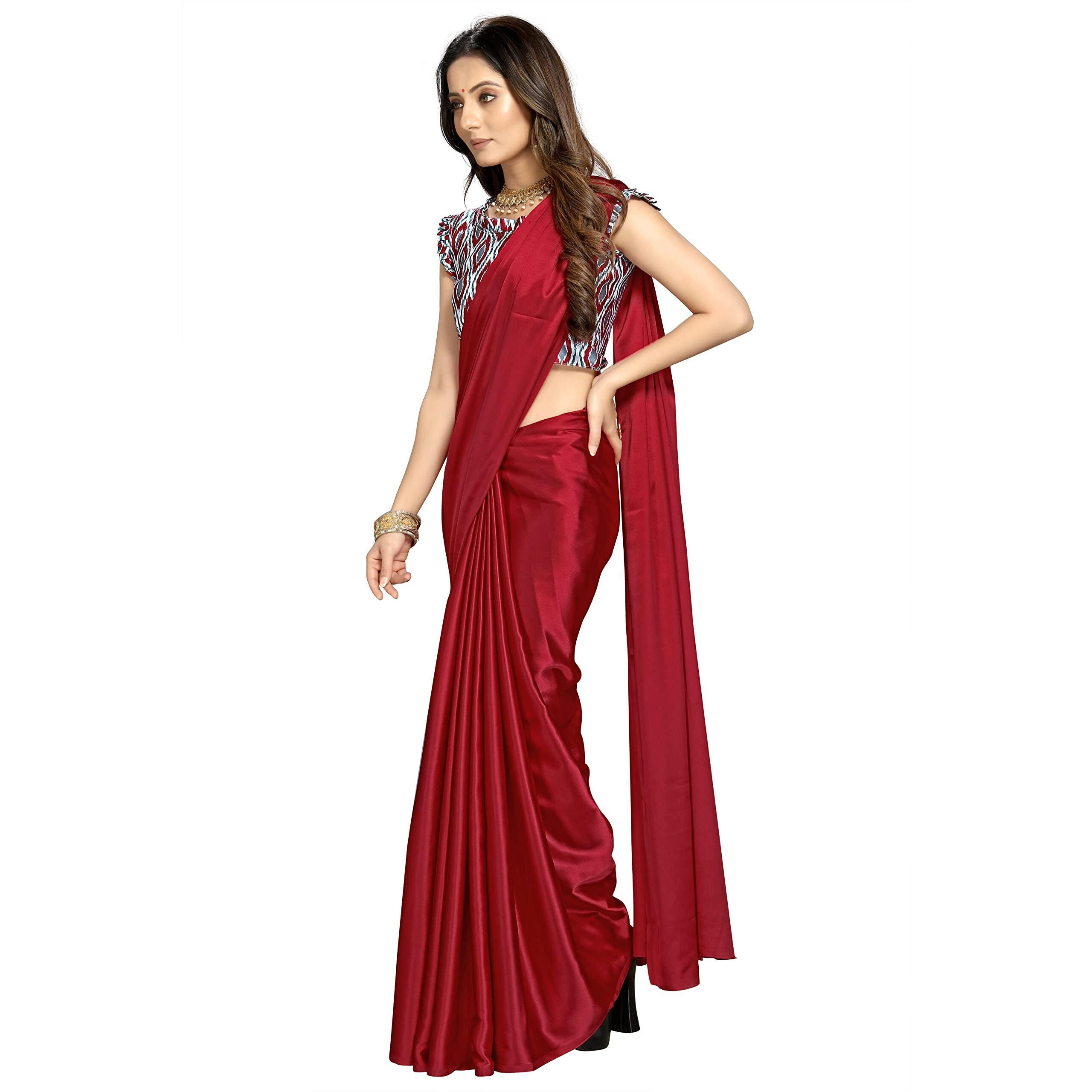 Kaugalian store Plain Satin Silk Saree with Printed Blouse piece for girls and women. (Blue) (MAROON)