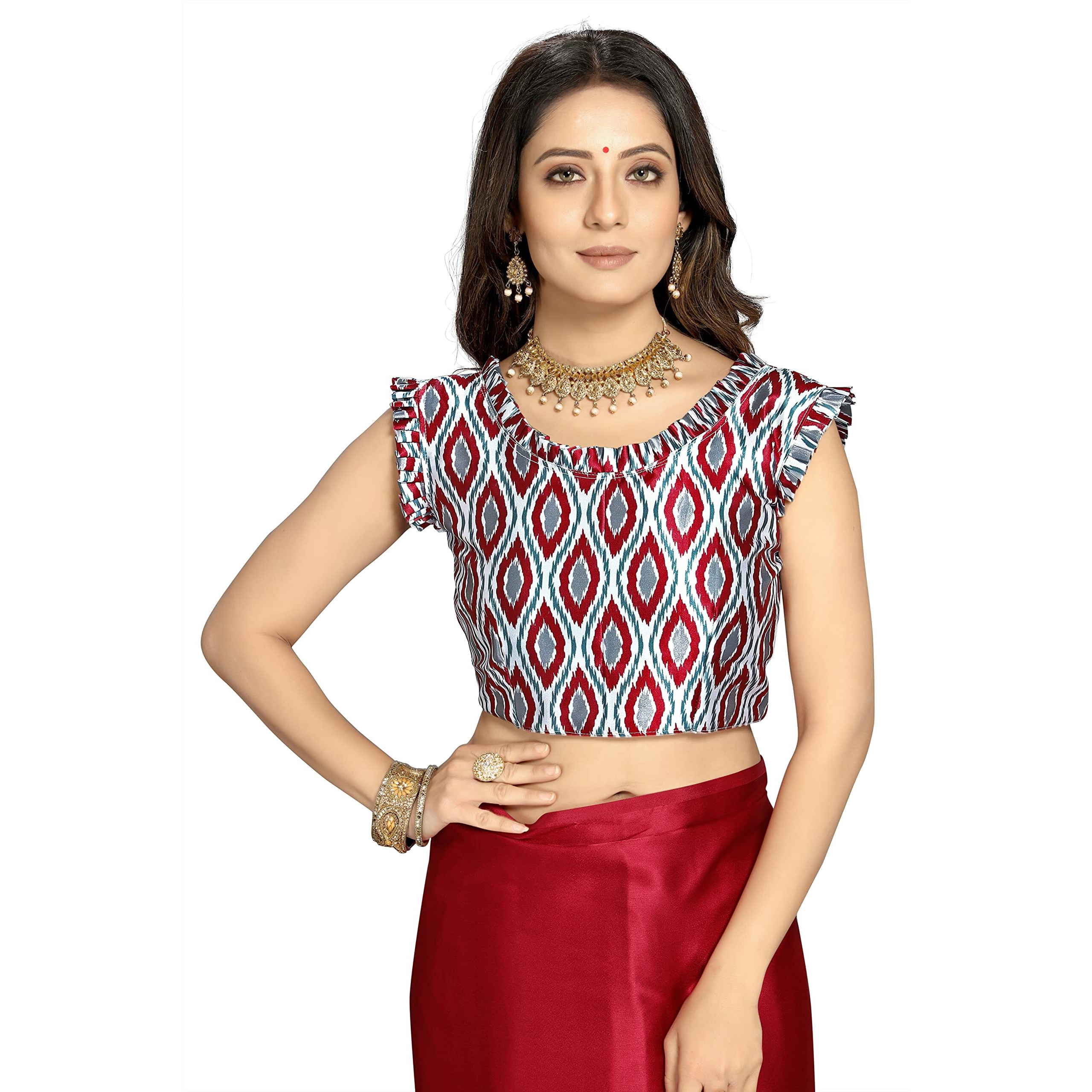 Kaugalian store Plain Satin Silk Saree with Printed Blouse piece for girls and women. (Blue) (MAROON)