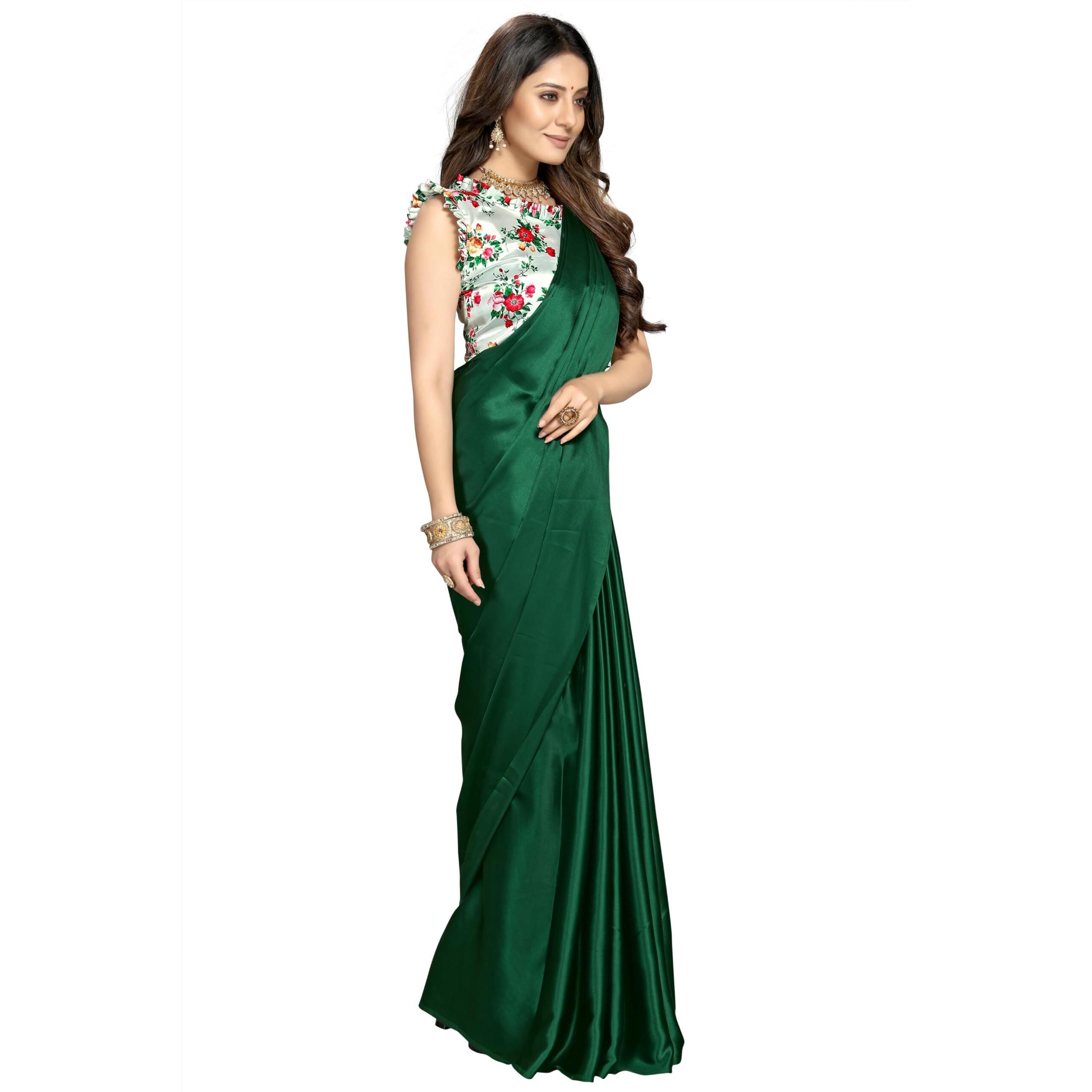 Kaugalian store Plain Satin Silk Saree with Printed Blouse piece for girls and women. (Blue) (GOLDEN)