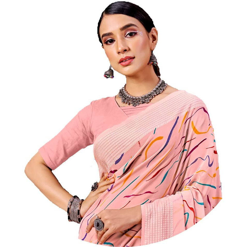 Amazon Brand - Anarva Womens Geometric Printed Light Weight Georgette Saree With Woven Design & Border With Unstitched Blouse Piece (prada-strips-pink)
