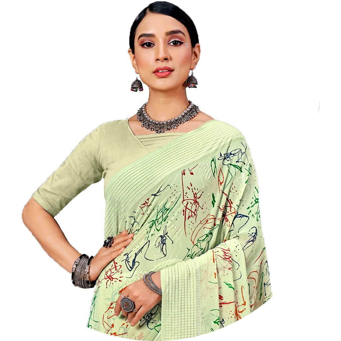 Amazon Brand - Anarva Womens Geometric Printed Light Weight Georgette Saree With Woven Design & Border With Unstitched Blouse Piece (prada-abstract-green)