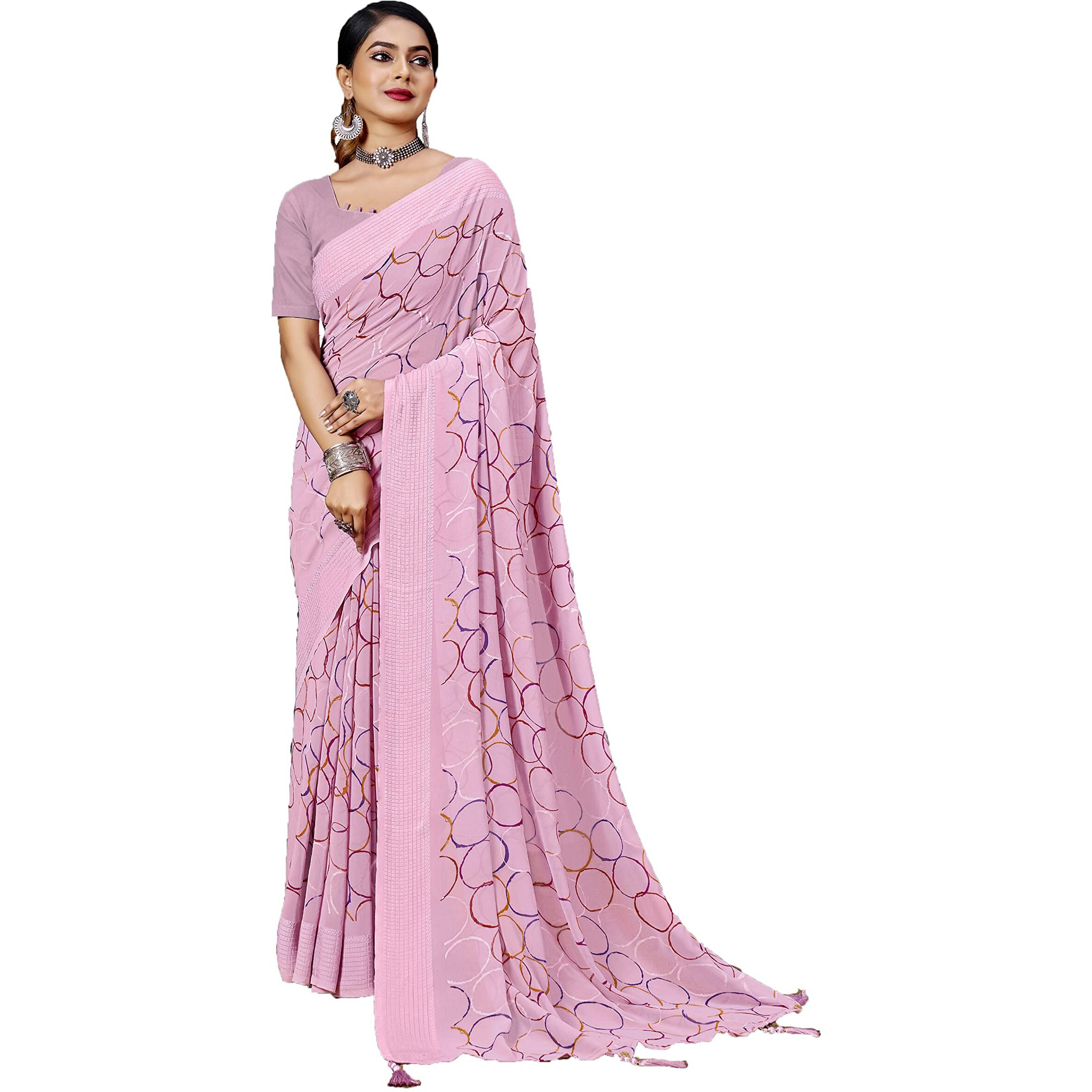 Amazon Brand - Anarva Women Plain Weave Georgette Saree (prada-circle-pink-re)