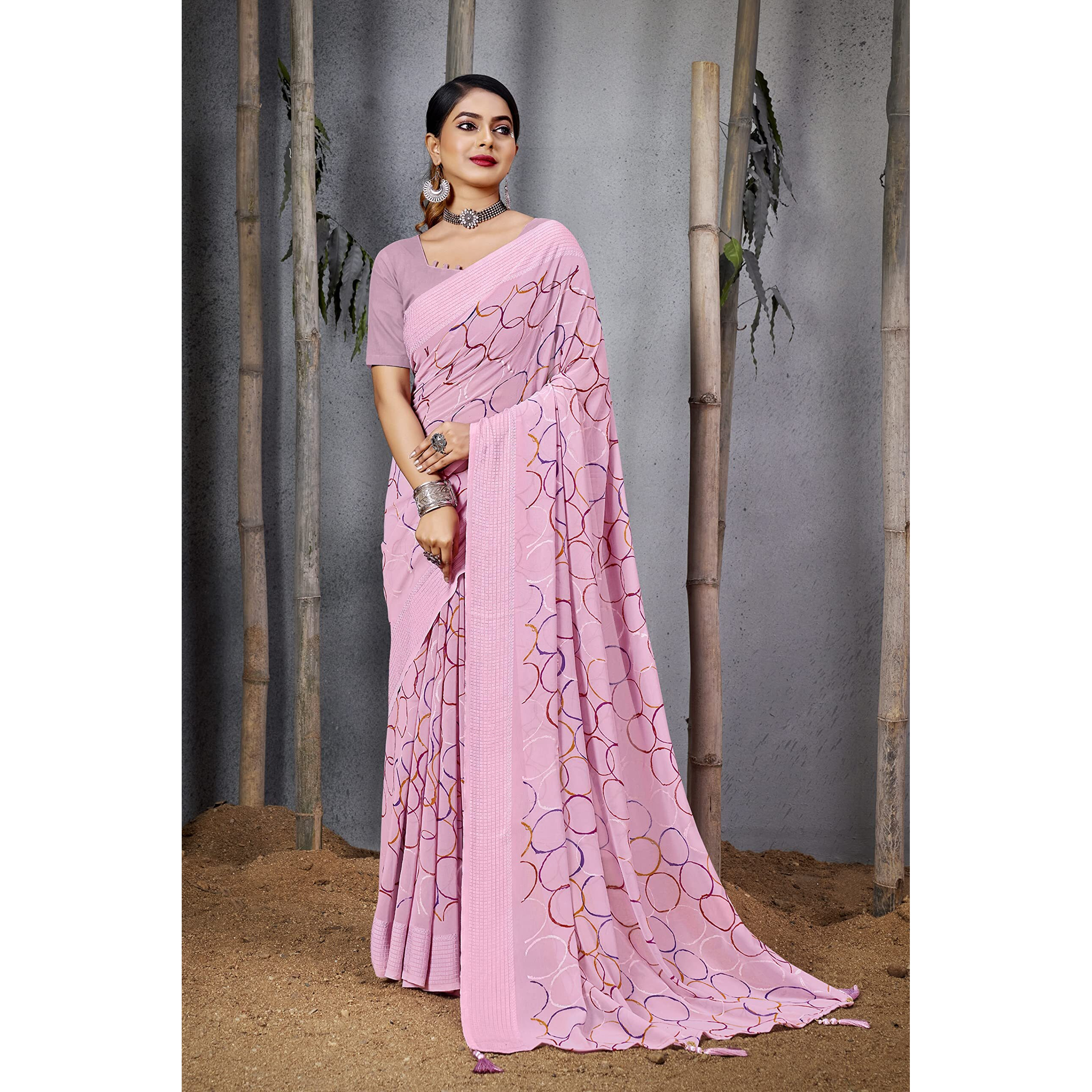 Amazon Brand - Anarva Women Plain Weave Georgette Saree (prada-circle-pink-re)
