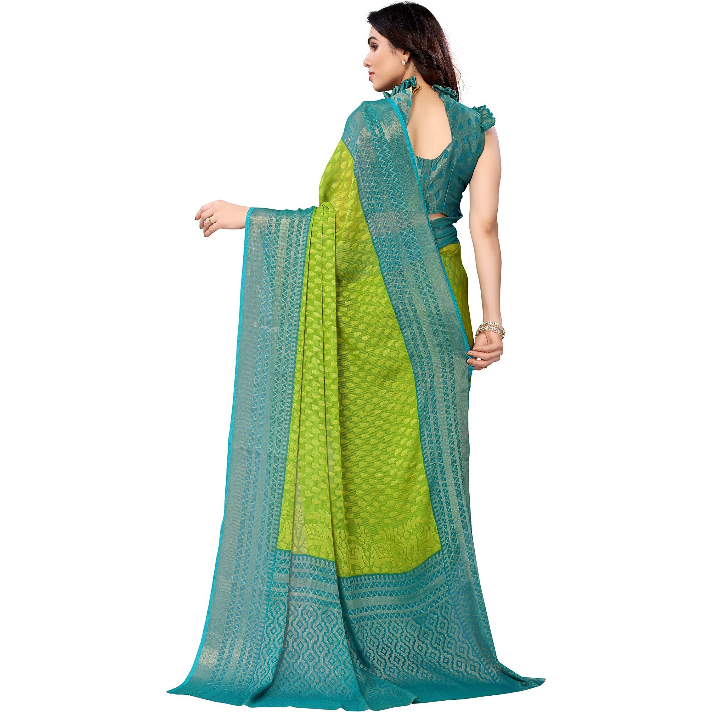 Bee M Pee Designer Zari (printed chiffon sarees for women_Mehendi Green)