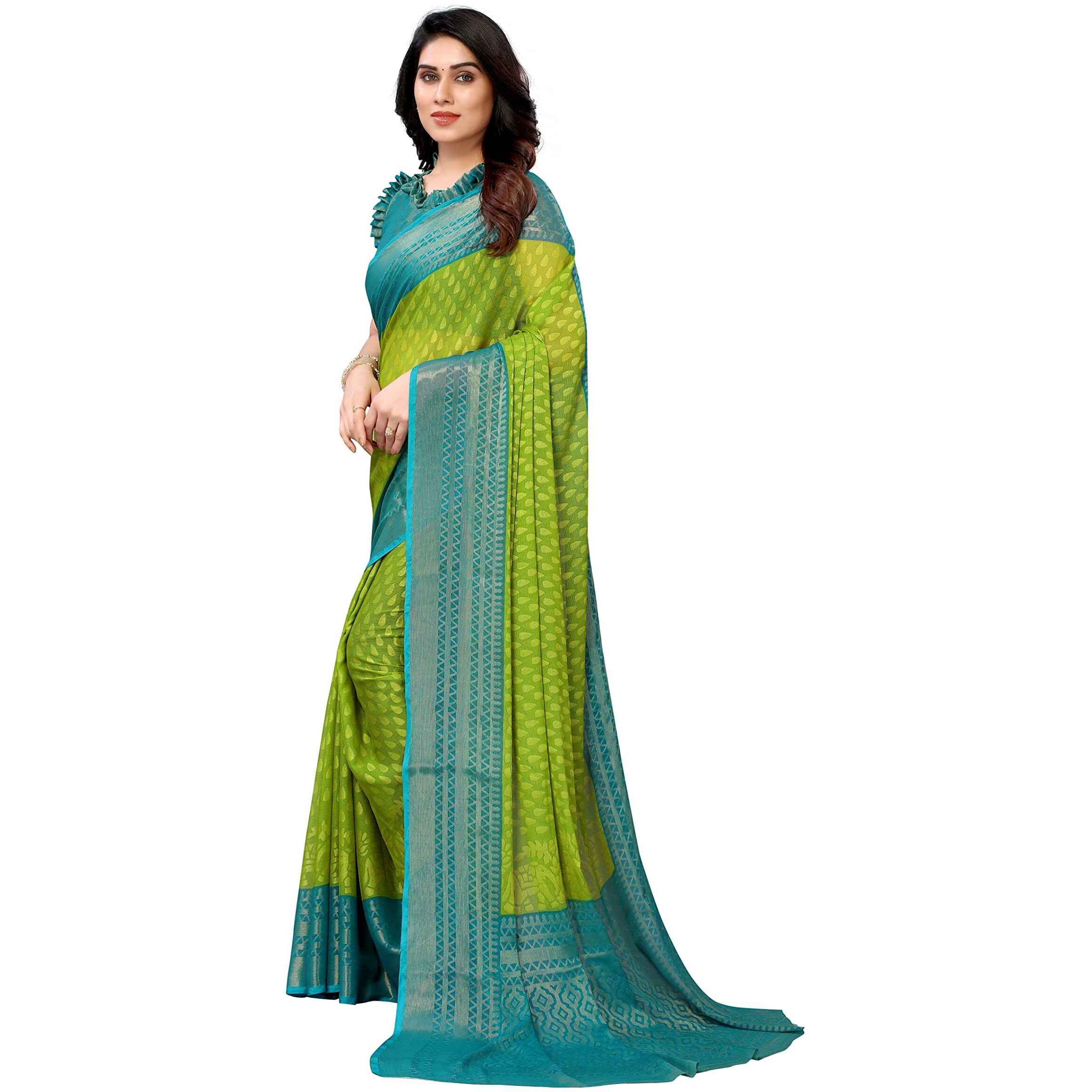 Bee M Pee Designer Zari (printed chiffon sarees for women_Mehendi Green)