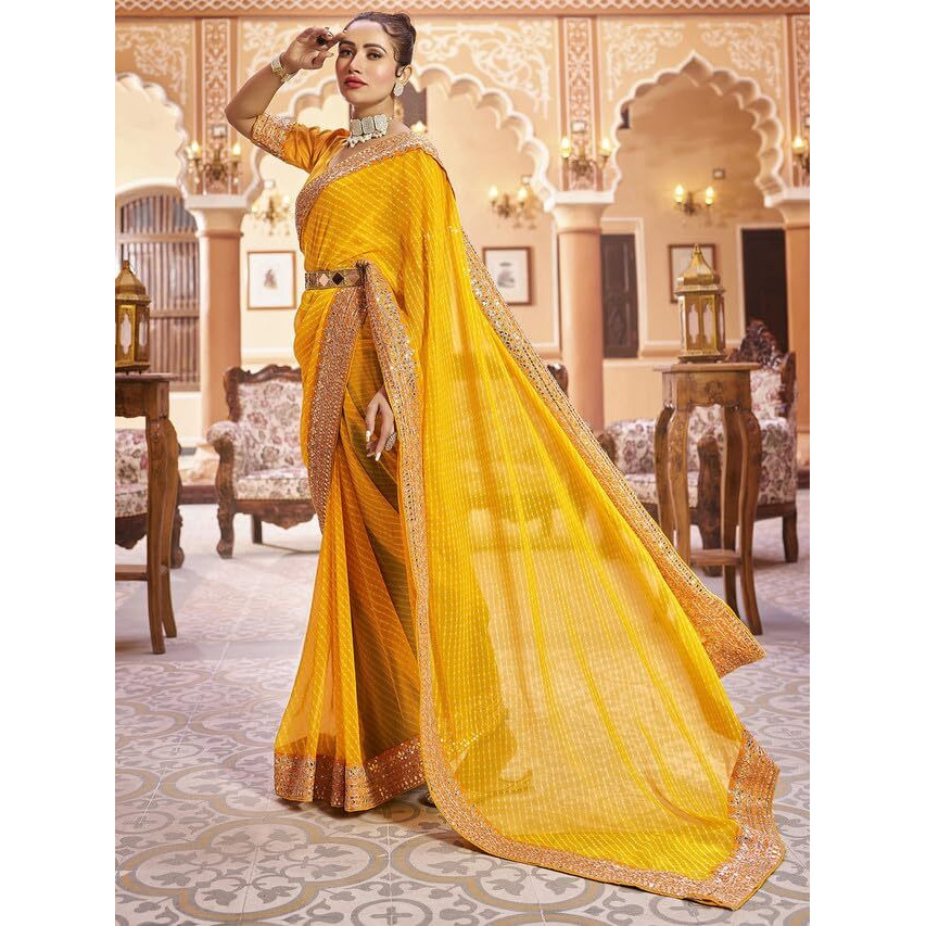 Satrani Womens Pure Georgette Saree (3463S236N_Yellow)