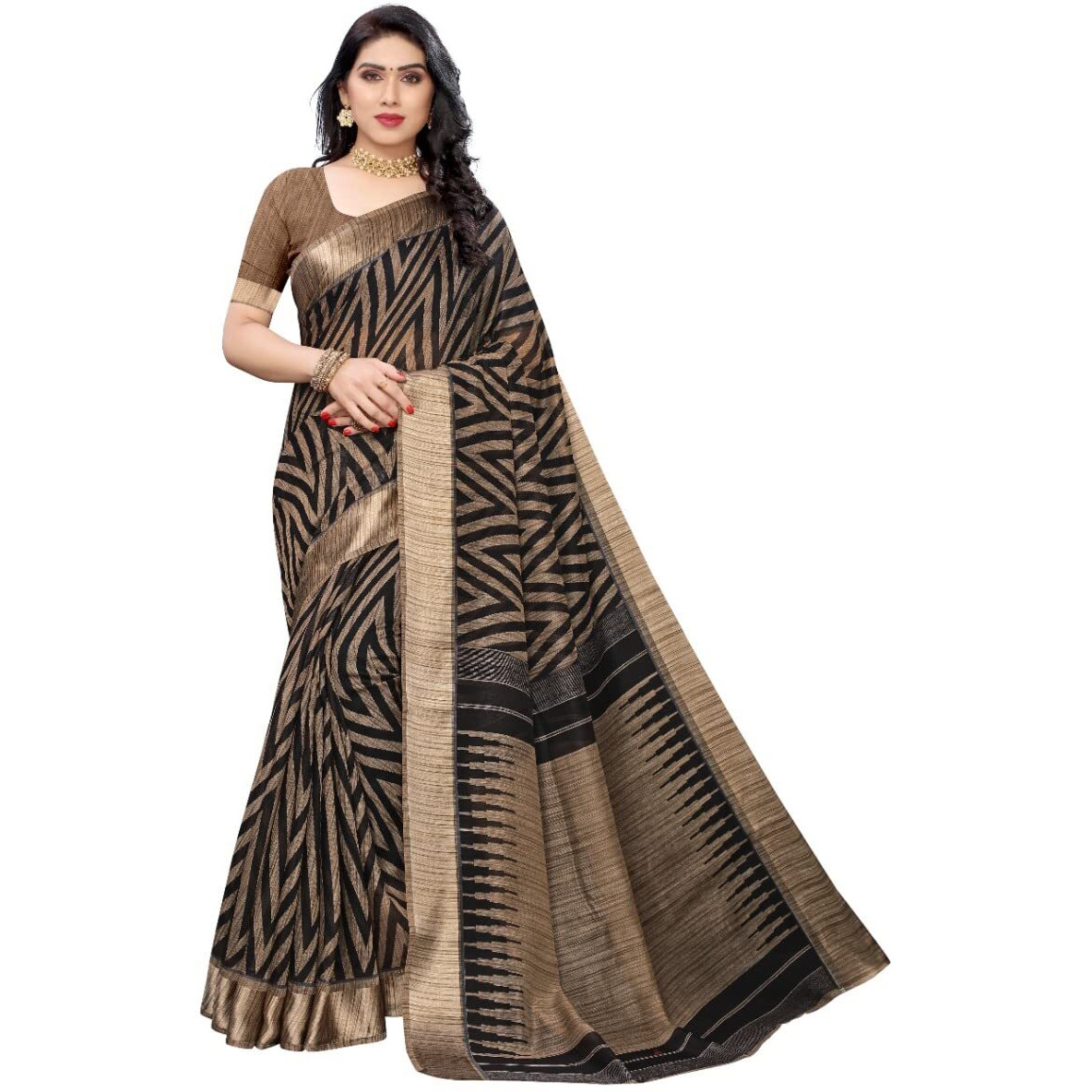 Yashika Womens Woven Linen Saree With Blouse Piece (Bee Black_Black)