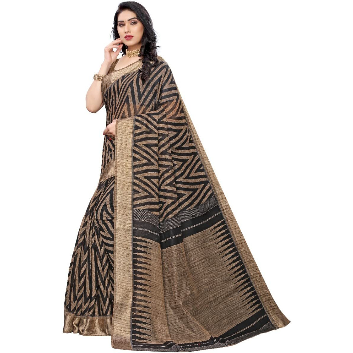 Yashika Womens Woven Linen Saree With Blouse Piece (Bee Black_Black)
