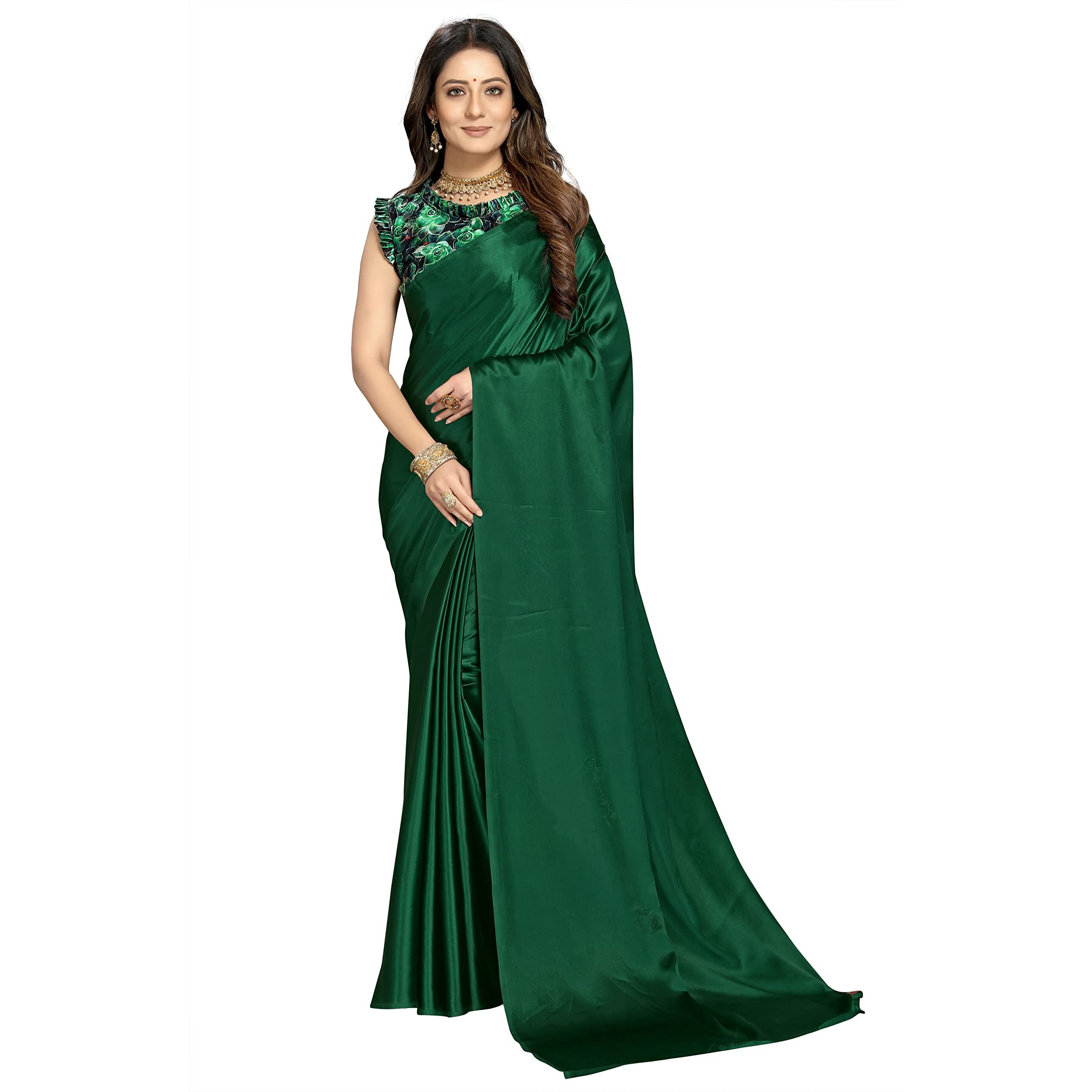 Kaugalian store Soft Satin Silk Saree for Girls and Women with Designer Digital Printed Blouse Piece - Green