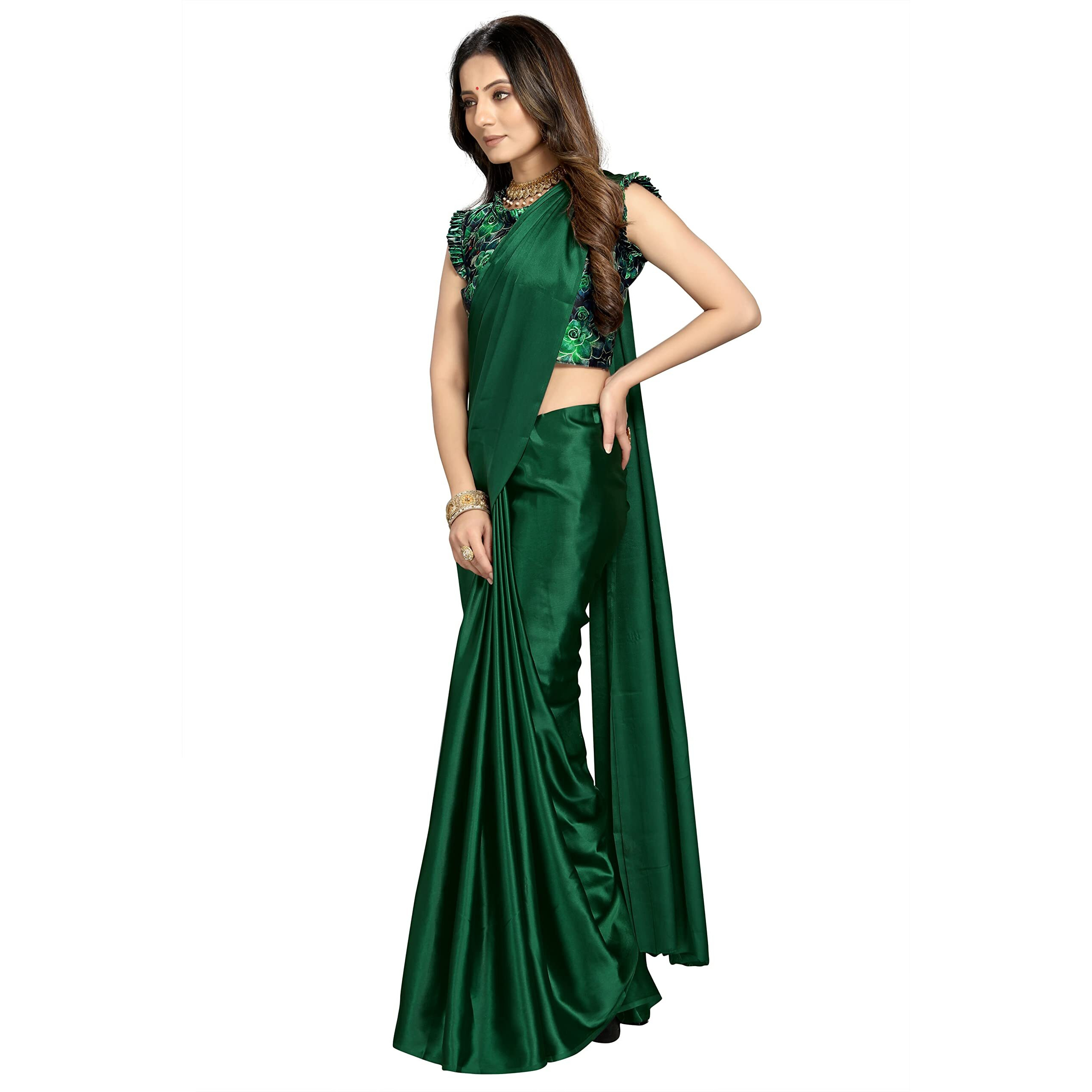 Kaugalian store Soft Satin Silk Saree for Girls and Women with Designer Digital Printed Blouse Piece - Green
